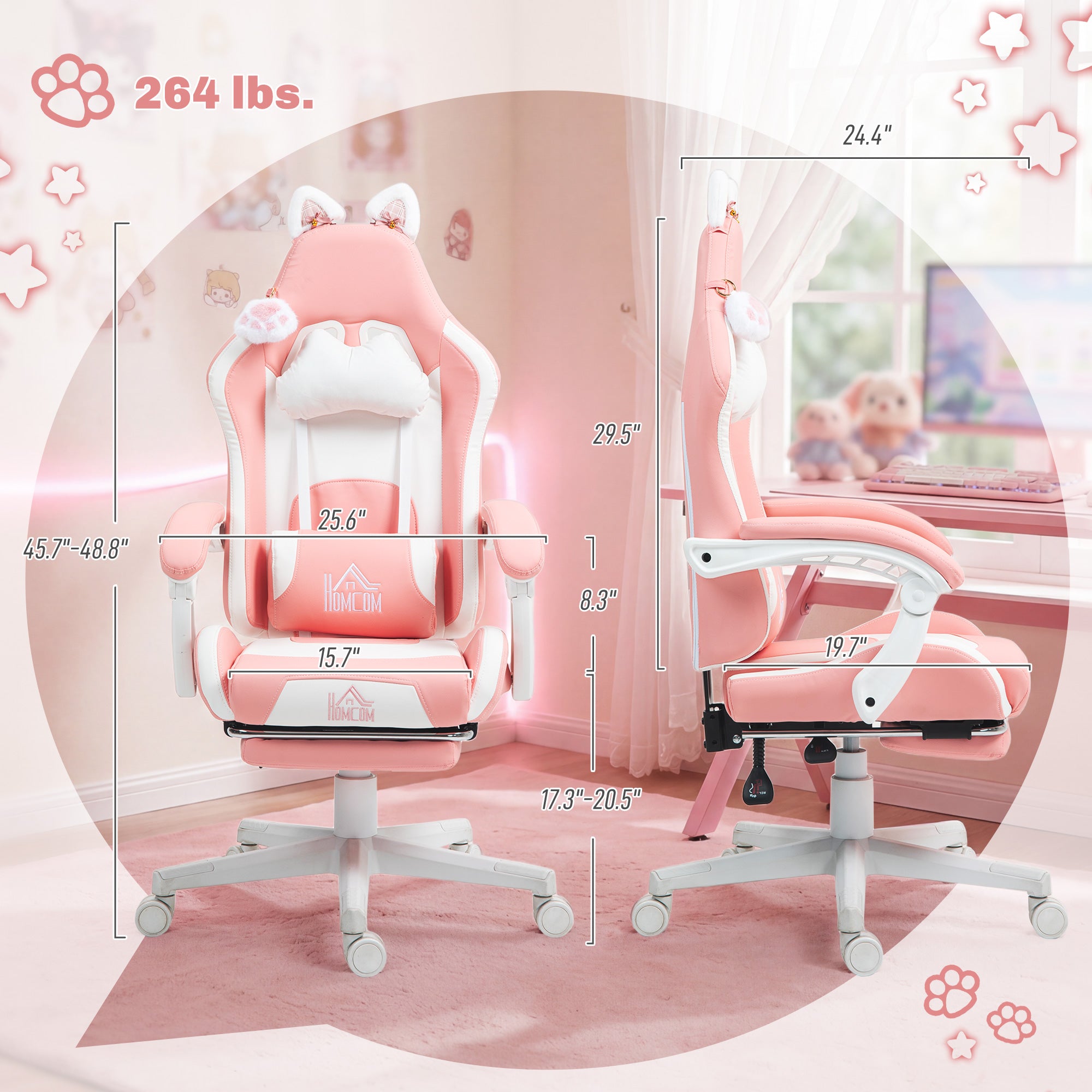 Cute Racing Gamer Chair, Faux Leather Gaming Chair with Footrest, Headrest and Lumbar Support, Pink