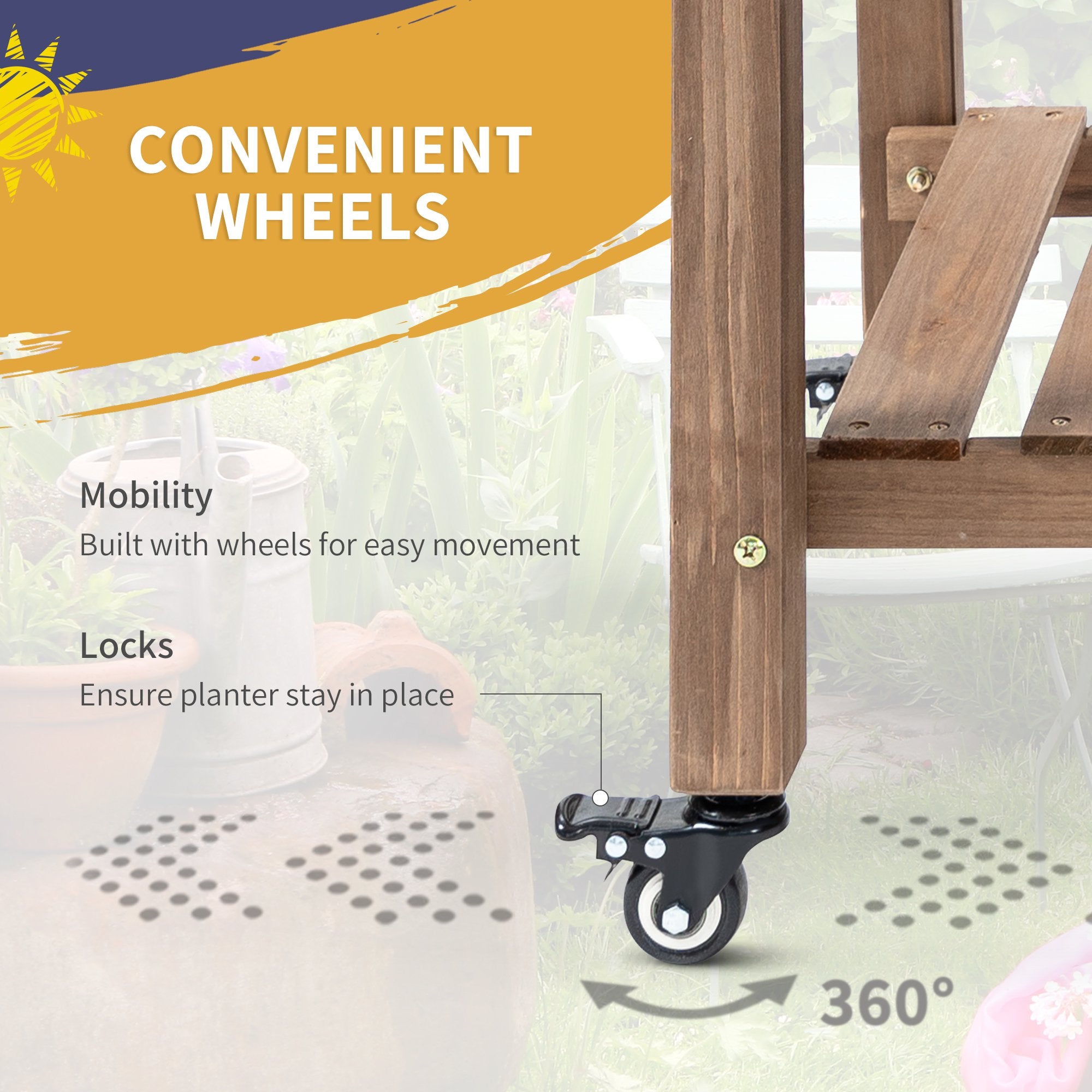 Wooden Garden Box, 34.25H with 8 Pockets and Lockable Wheels, Foldable Side Clapboard, Elevated and Self-Draining Design, to Grow Herbs, Vegetables, and Flowers, Brown