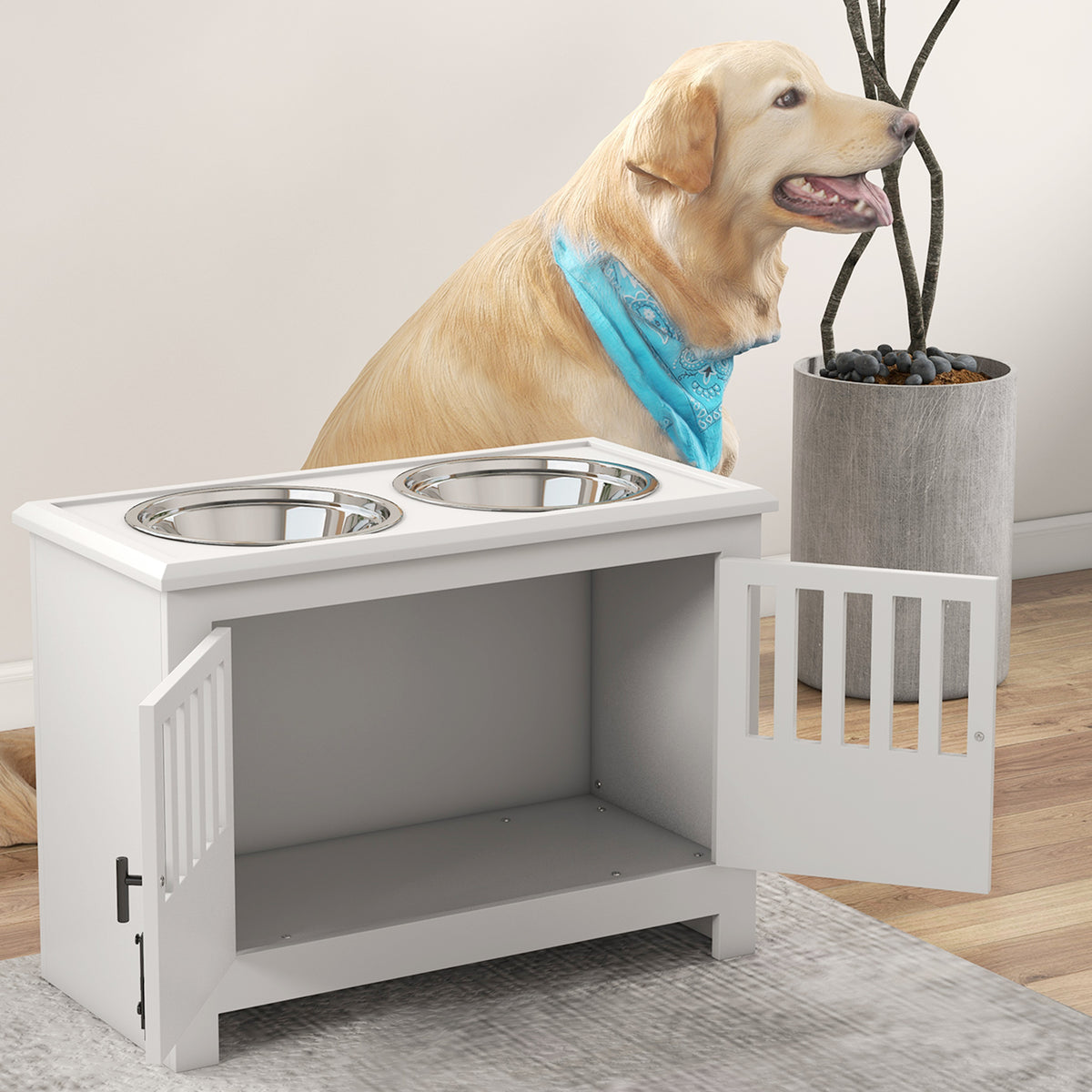 Dog Food Storage Cabinet with Bowls & Dog Feeding Station, White