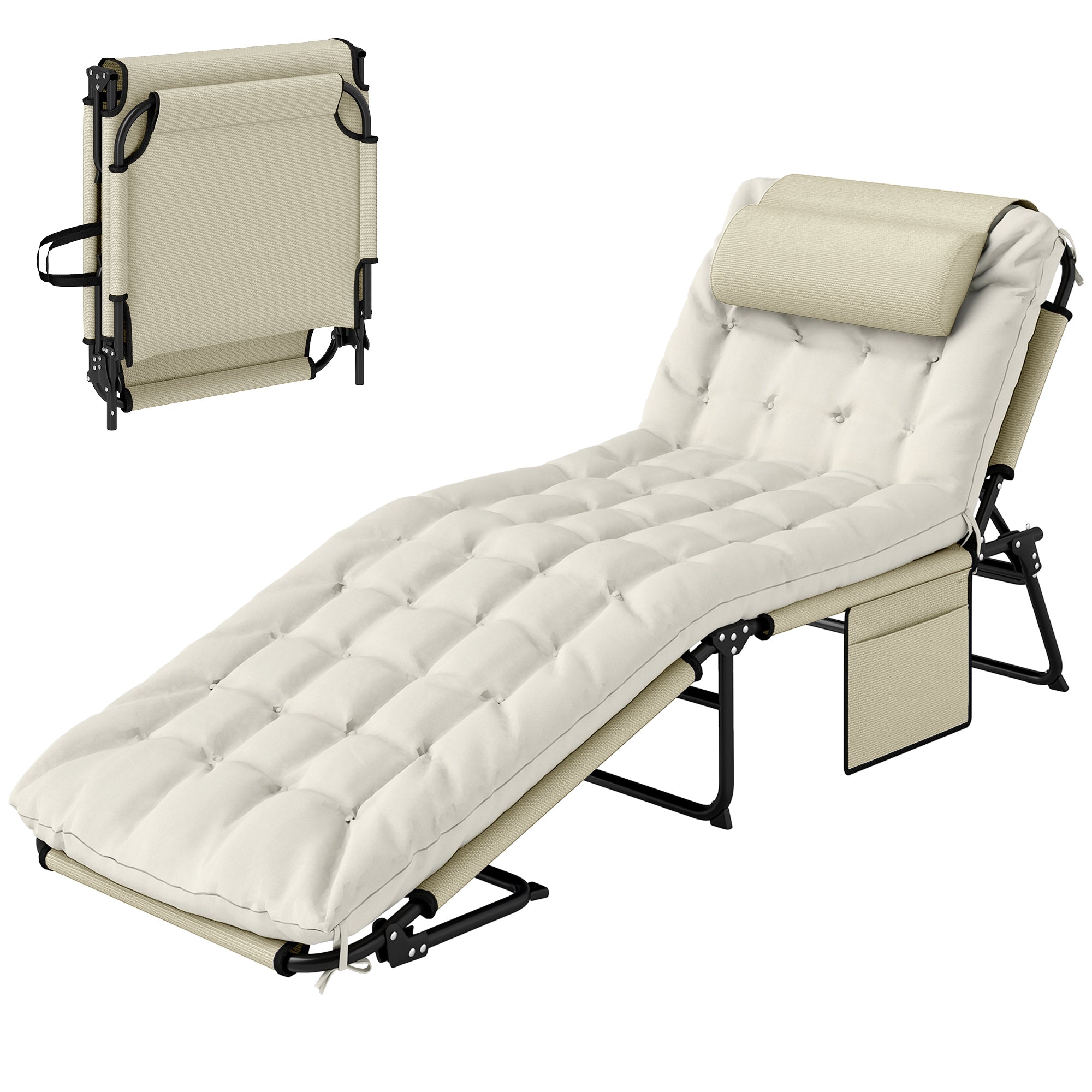 Folding Chaise Lounge Pool Chair with 4-level Reclining Back, Cushion, Side Pocket, Headrest, Beige
