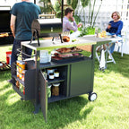 Outdoor Grill Cart Table with Stainless Steel Top, Movable Pizza Oven Table with Foldable Side Table, Wheels