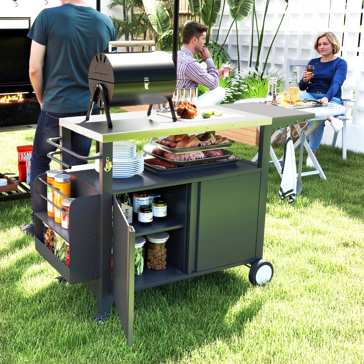 Outdoor Grill Cart Table with Stainless Steel Top, Movable Pizza Oven Table with Foldable Side Table, Wheels