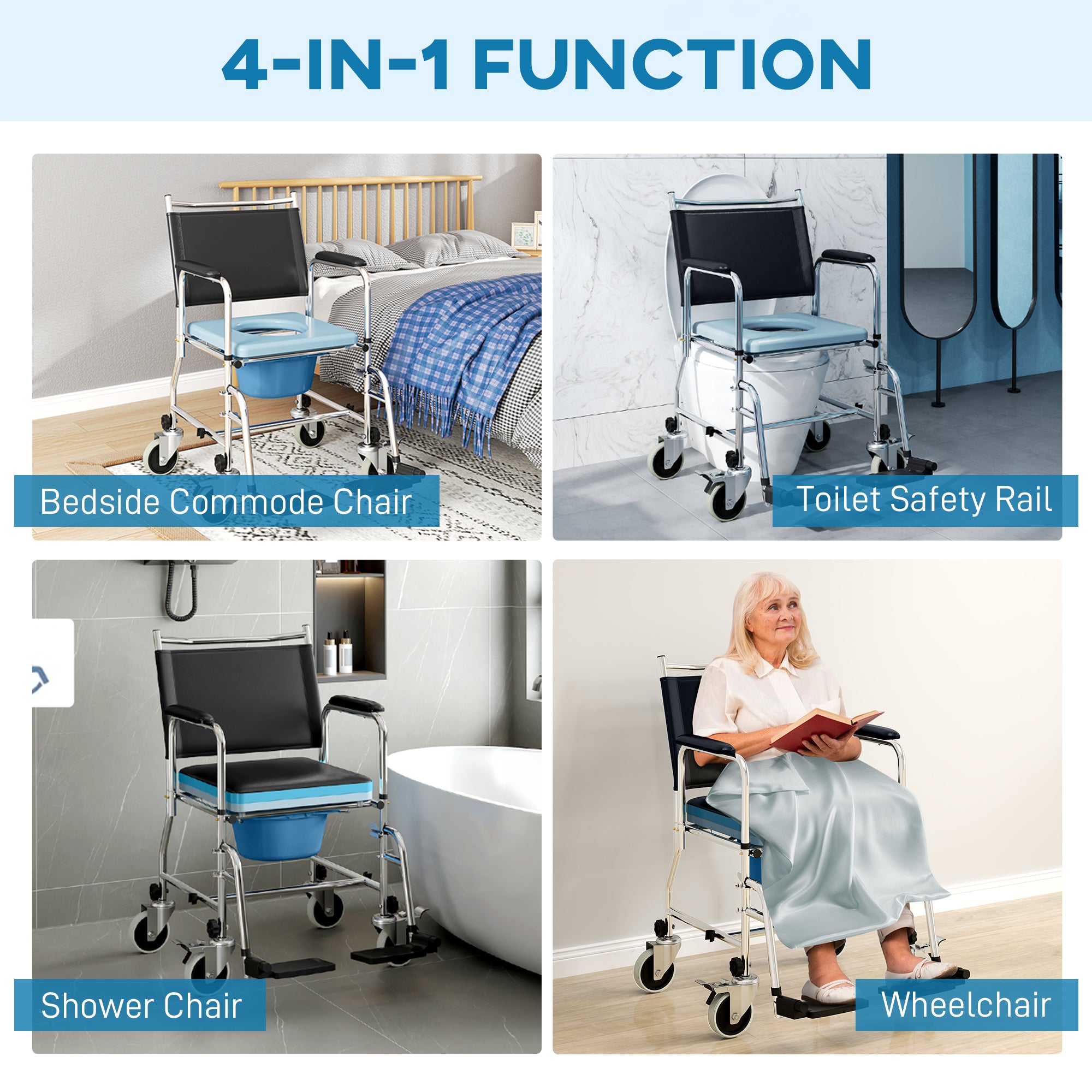 Rolling Shower Chair, Bedside Commode Wheelchair with Padded Seat, Backrest, for Seniors, Disabled, 300 lbs, Black