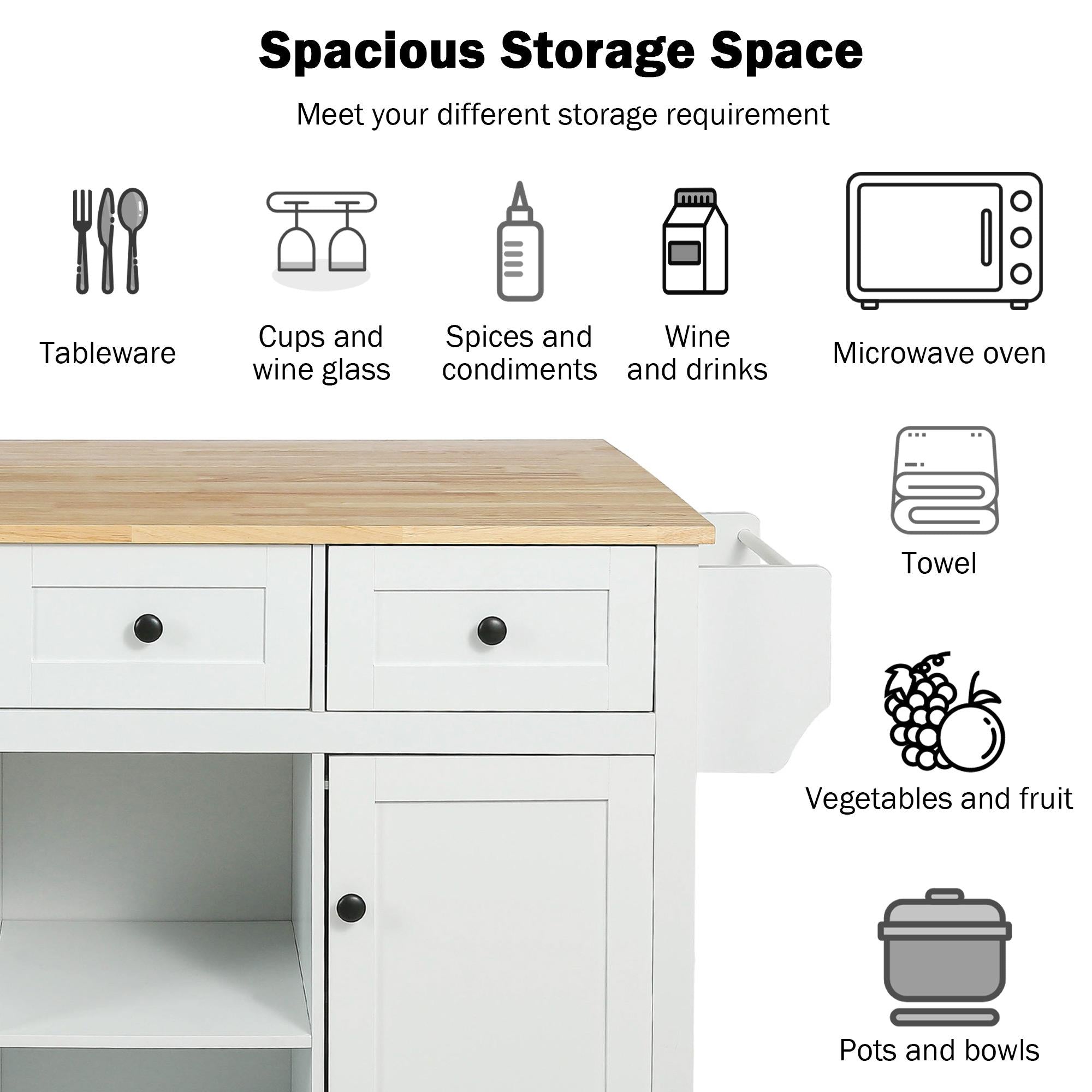 Kitchen Cart with 5 Wheels, 3 Drawers, Storage Cabinet, Central Island with Rubberwood Drop-Leaf Countertop, 53" L x 29.5" W x 37" H, White