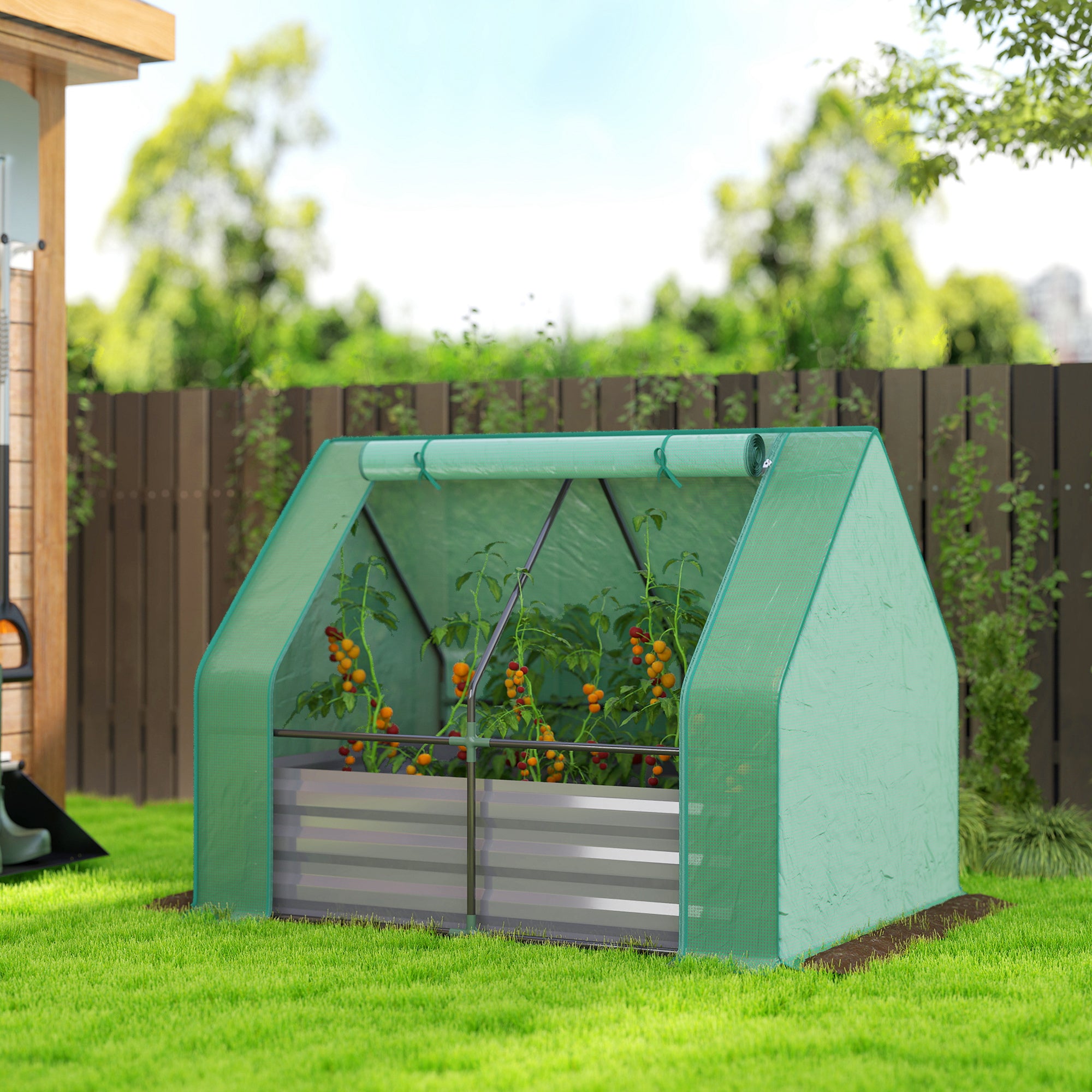 4 x 3ft Raised Garden Bed with Mini Greenhouse, Galvanized Raised Garden Bed with Cover, Green and Dark Gray