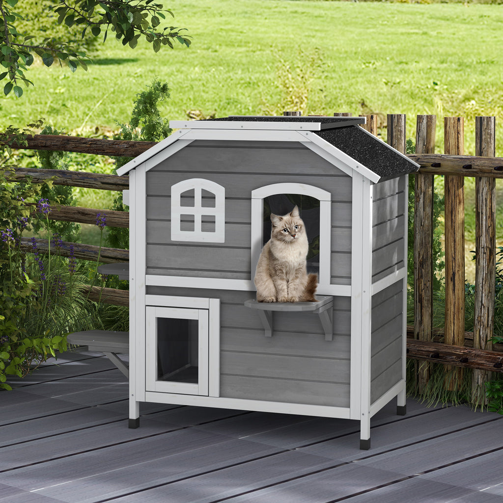 2-story Cat House Outdoor, Weatherproof Wooden Cat Enclosure for Feral Cats with Escape Door, Openable Roof, Jumping Platforms, Gray