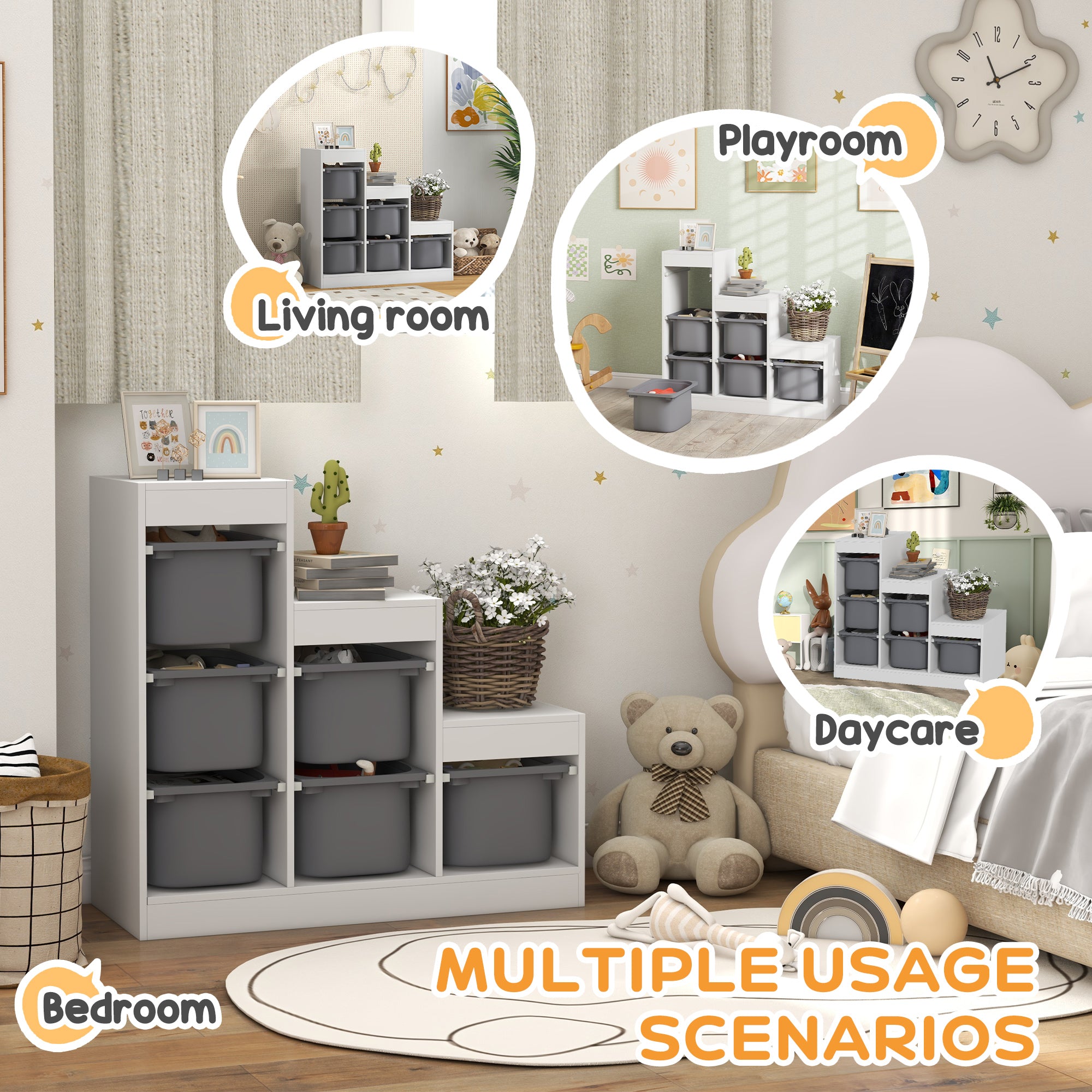 3 Layers Kids Toy Storage Organizer with 6 Storage Bins, Kids Bookshelf for Ages 3-8 Years, Play Room, Bedroom, Gray