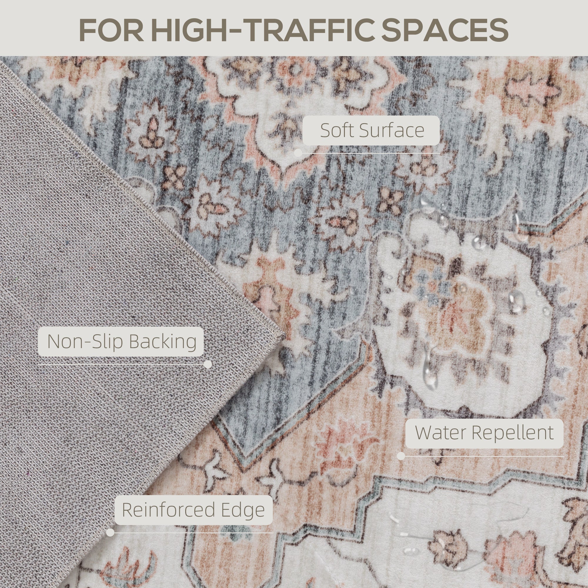 4x6 Area Rug, Vintage Machine Washable Rug, Non-Slip Carpet for Living Room, Bedroom, Dining Room, Brown & Light Blue