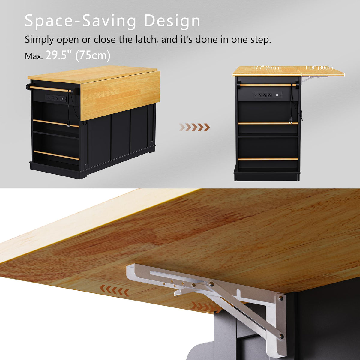 Kitchen Island with Internal Rack, Drop Leaf, Power Outlet, Rolling Cart with Adjustable Shelves and Drawers, 50" L x 29.5" W x 36.5" H, Black