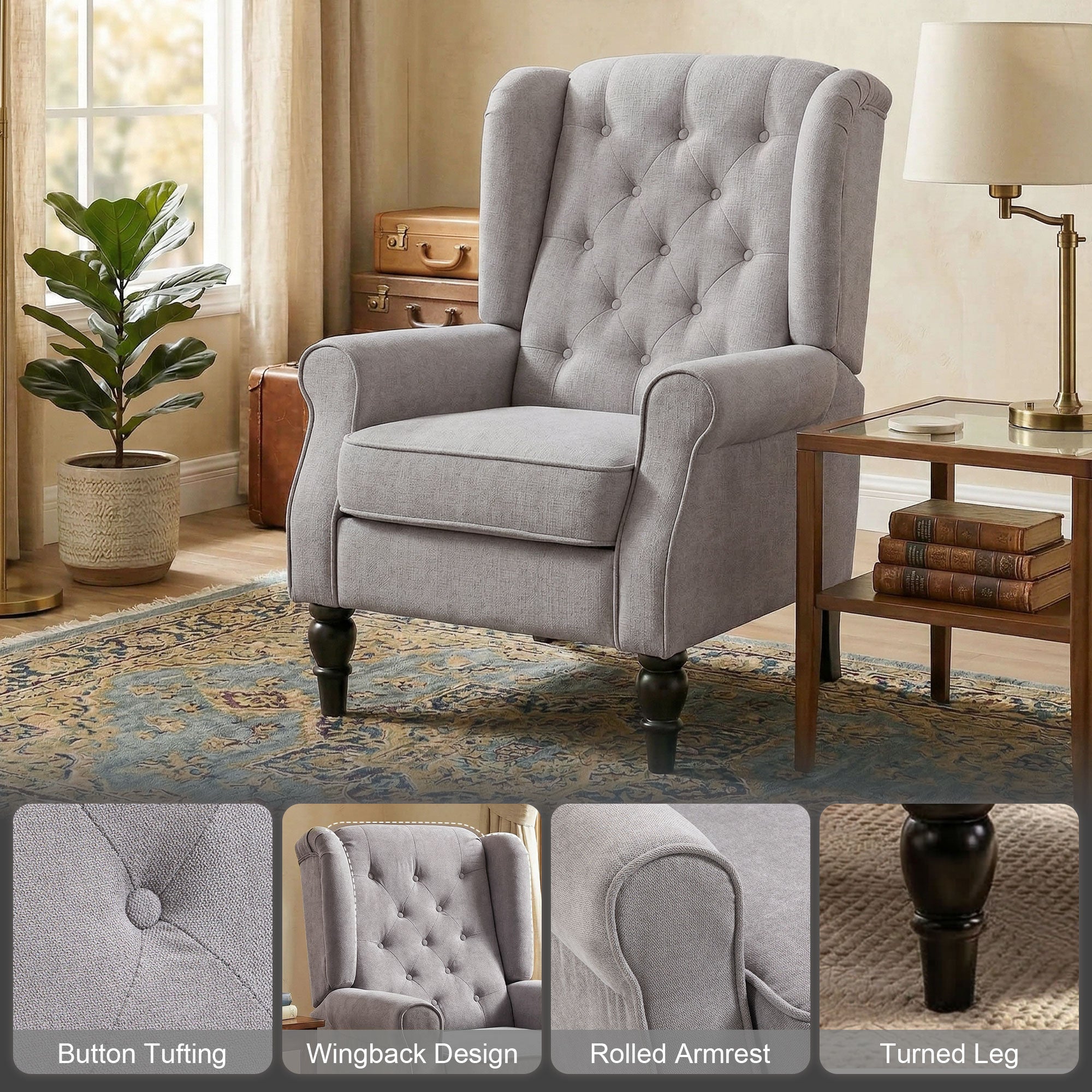 Mid-Century Modern Accent Chair, High Wingback Reading Chair, Button-Tufted Upholstered Fabric Armchair with Retro Wood Legs for Apartment, Living Room, Bedroom, Gray