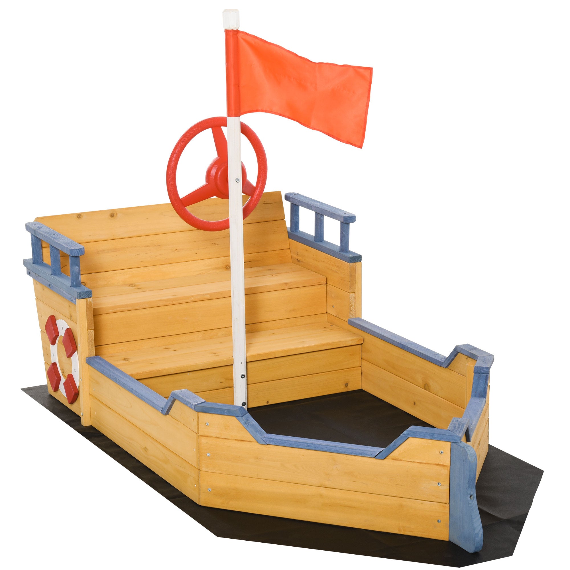 Kids Wooden Sandbox Pirate Ship Sandboat w/ Bench Seat Storage Space Ceder Wood