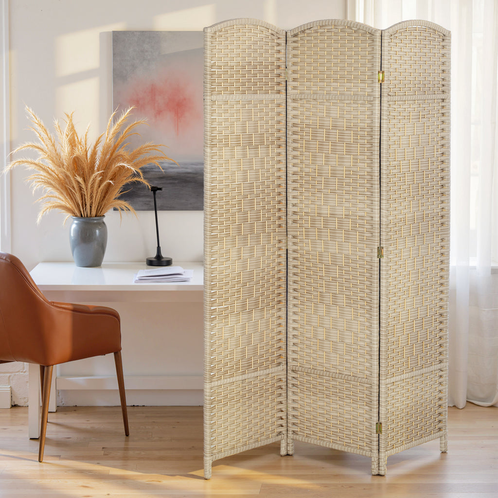 Folding Room Divider Screen 3 Panel 6' Tall Privacy Screen Freestanding Wood Partition for Home Office, Washed Oak