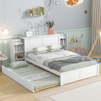 Full Size Storage Platform Bed with Pull Out Shelves, Twin Size Trundle, Solid Wood and MDF, 98" L x 89" W x 39.5" H, White