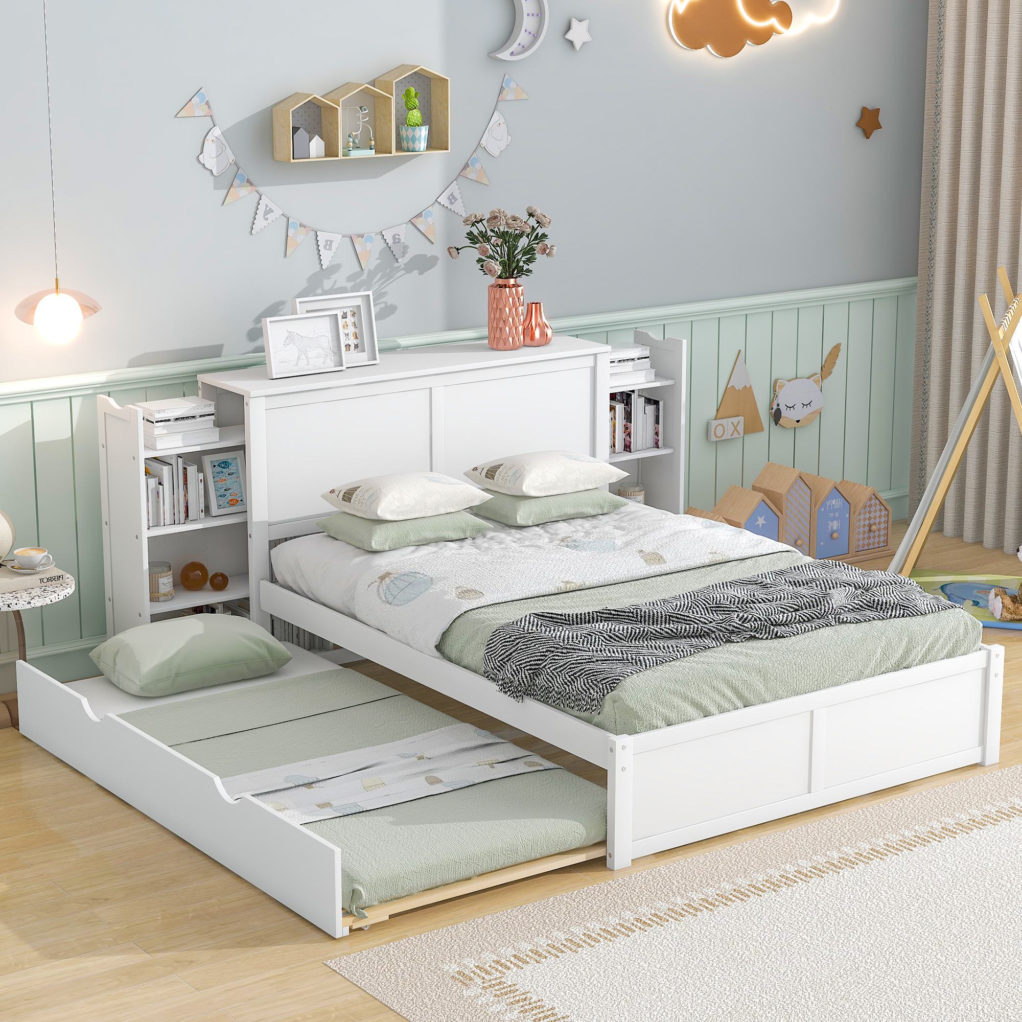 Full Size Storage Platform Bed with Pull Out Shelves, Twin Size Trundle, Solid Wood and MDF, 98" L x 89" W x 39.5" H, White
