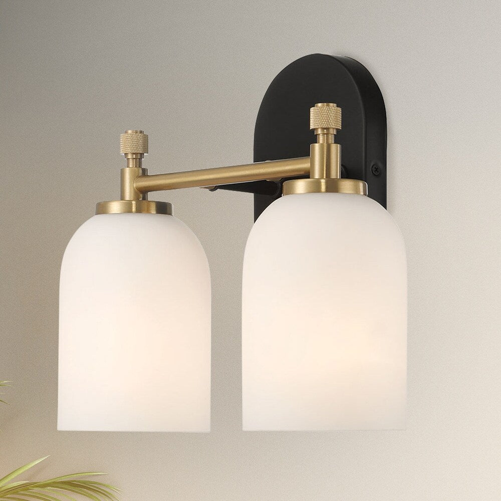 Vortex Two Lights Vanity Wall Sconce with White Frosted Glass, Traditional Style for Over Bathroom Mirror, 10.5" L x 5.5" W x 10" H, Gold+White