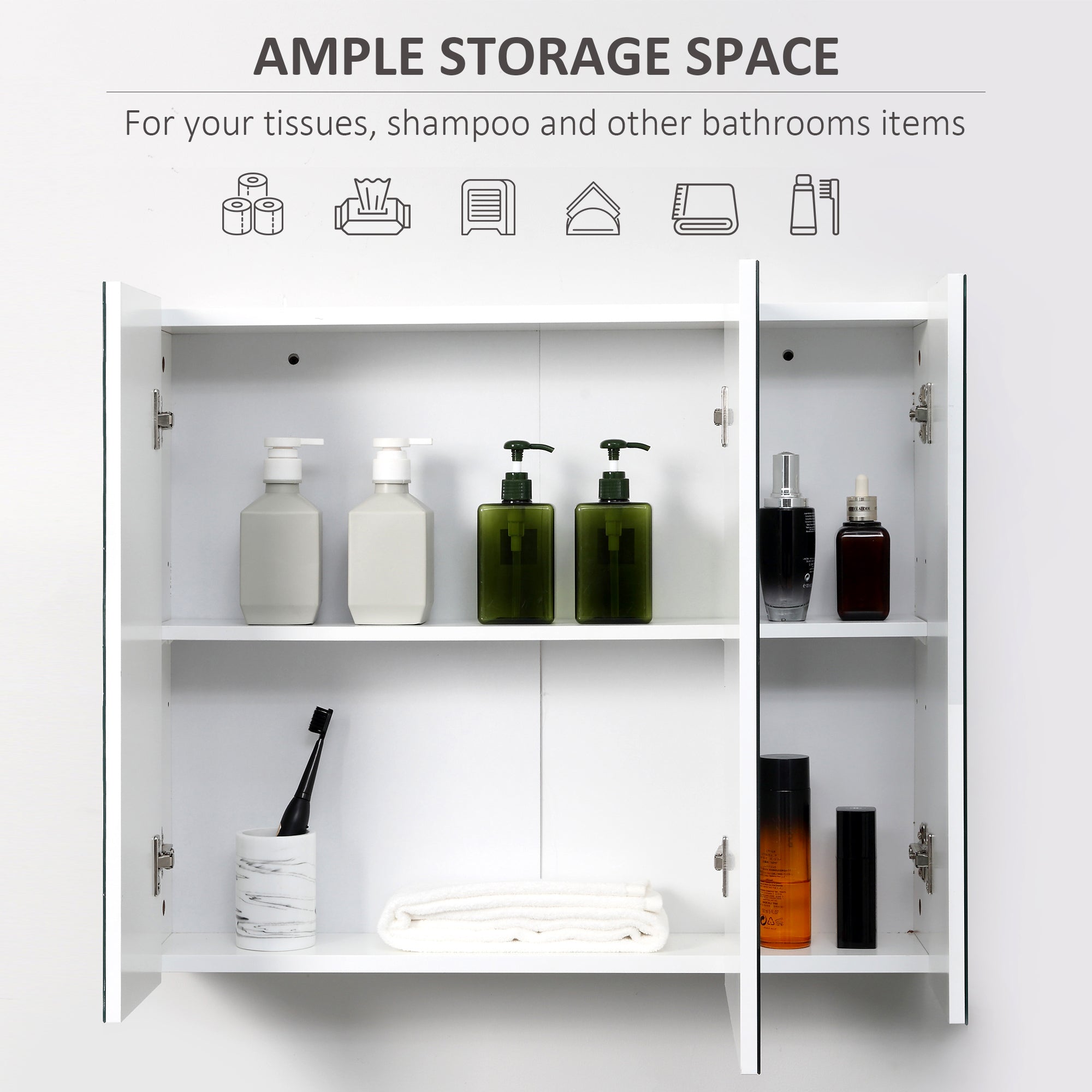 Wall Mounted Mirror Cabinet, Bathroom Medicine Cabinet with Mirror, 3 Doors and Adjustable Shelves, White
