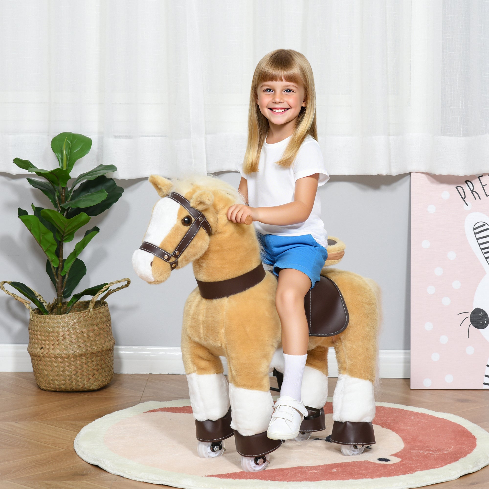Ride on Horse, Plush Walking Horse Toy, Kids Riding Chair with Wheels for Kids 3-9 Years, Light Brown
