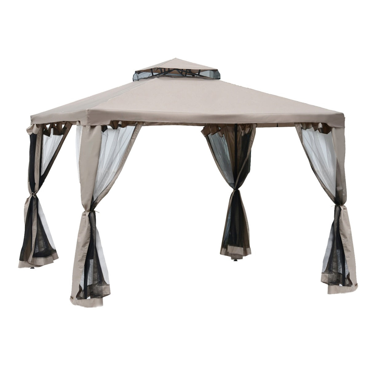 10' x 10' Gazebo Tent, Double Roof Outdoor Canopy Shelter, with Netting Fabric and Vented Roof, Steel Corner Frame for Garden, Lawn, Backyard, Taupe