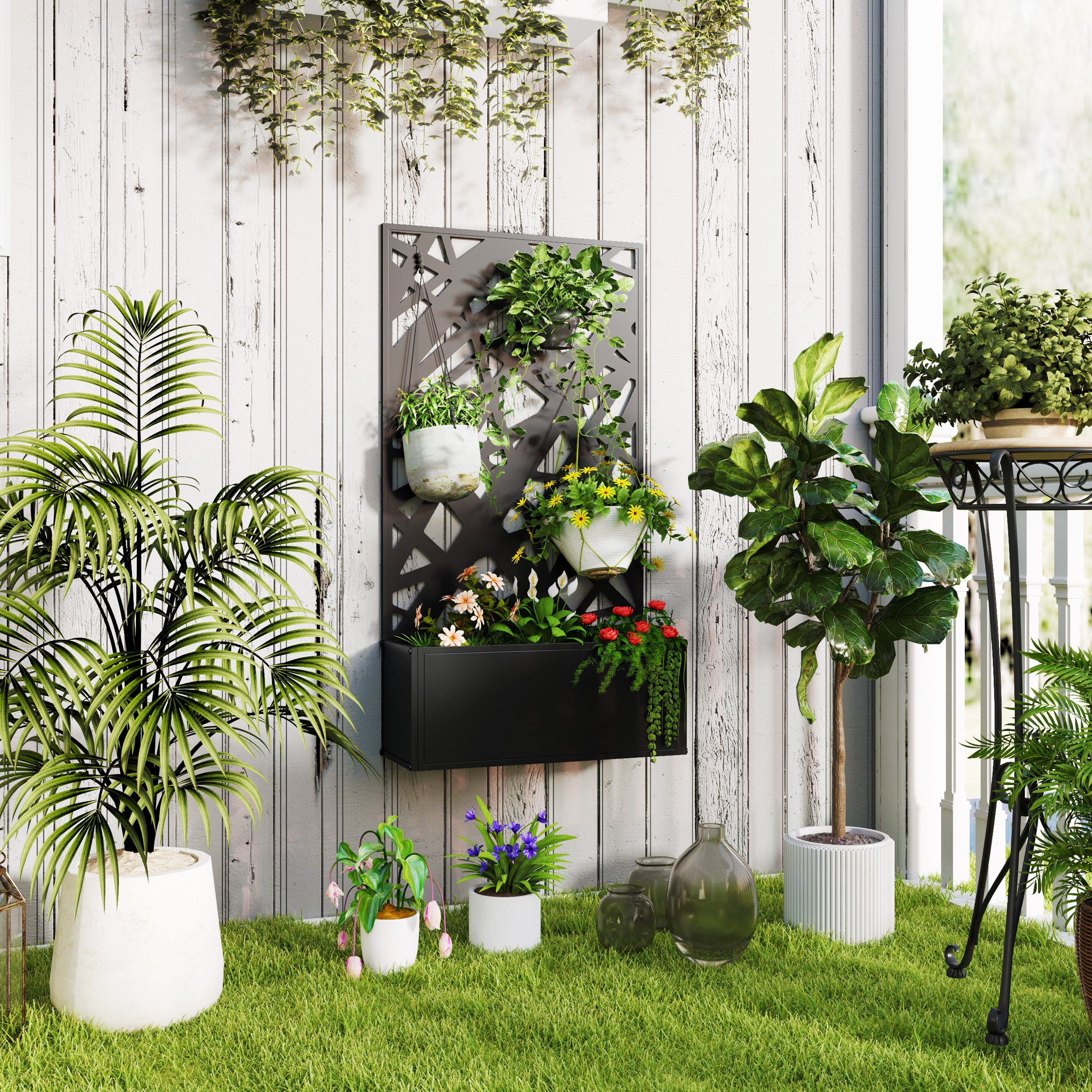 Metal Planter Box Raised Garden Bed with Decorative Privacy Screen, Wall-mounted or Freestanding, 24" x 9.1" x 44.5"