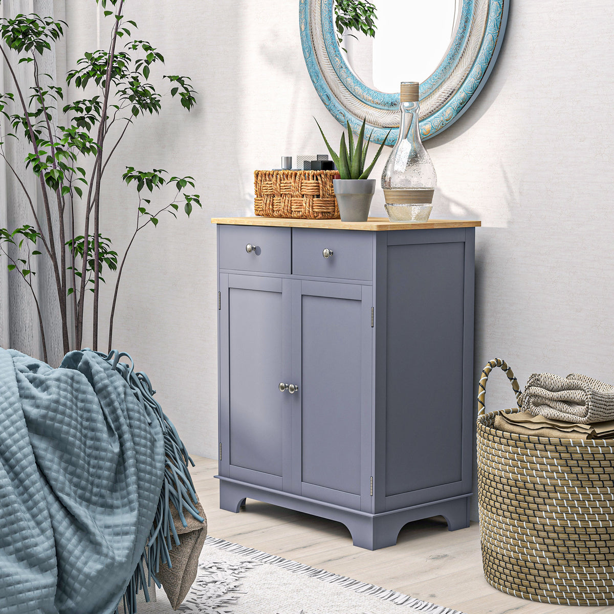 Kitchen Storage Cabinet, Sideboard Floor Cupboard with Solid Wood Top, Adjustable Shelf, and 2 Drawers, Gray
