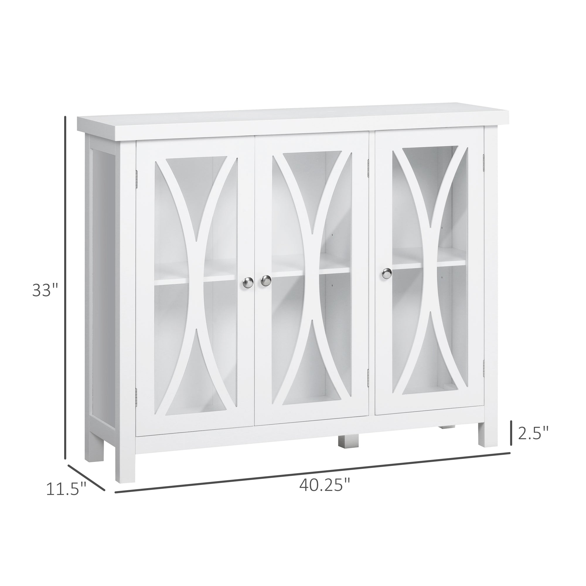 Sideboard, Buffet Cabinet with 3 Tempered Glass Doors, Arc Pattern and Adjustable Storage Shelf, Credenza, White