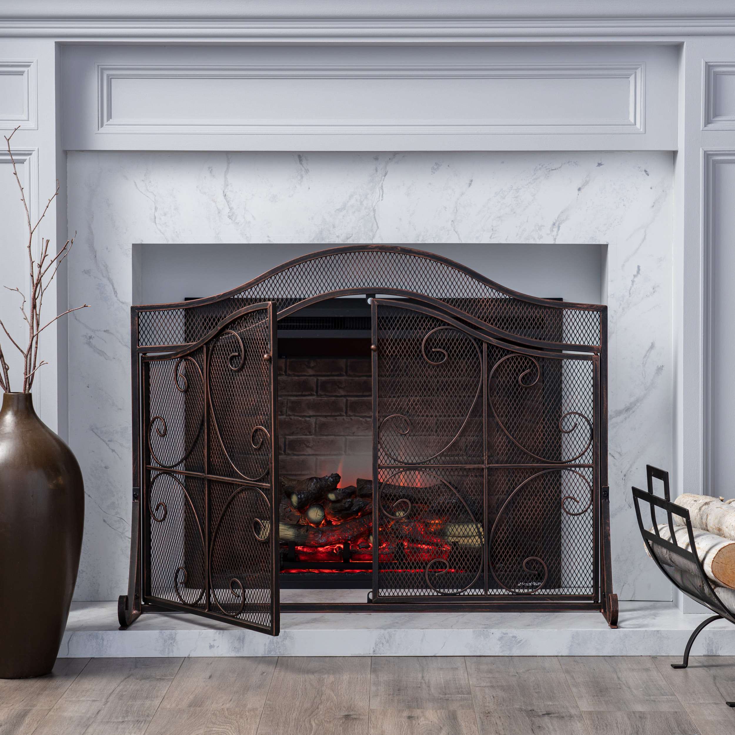 Modern Iron Fire Screen with Single Panel Design and Fine Mesh, Geometric Pattern, and Easy Assembly, 41" L x 9.75" W x 31.75" H, Black