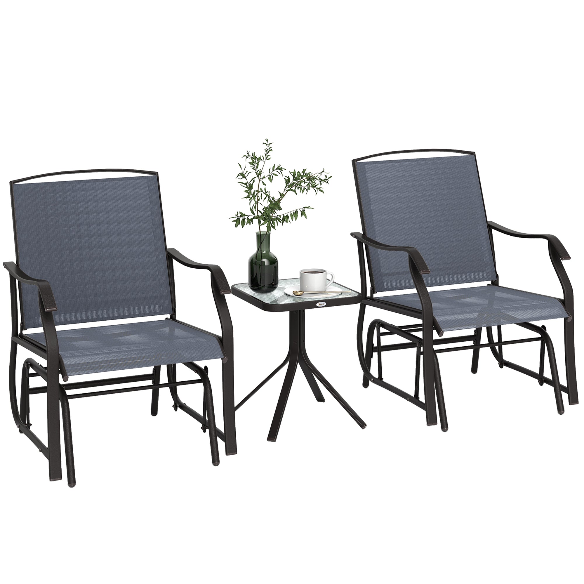 3 Piece Outdoor Glider Chair with Coffee Table Bistro Set, 2 Patio Rocking Swing Chairs with Breathable Sling Fabric, Glass Tabletop, for Backyard, Garden and Porch, Gray