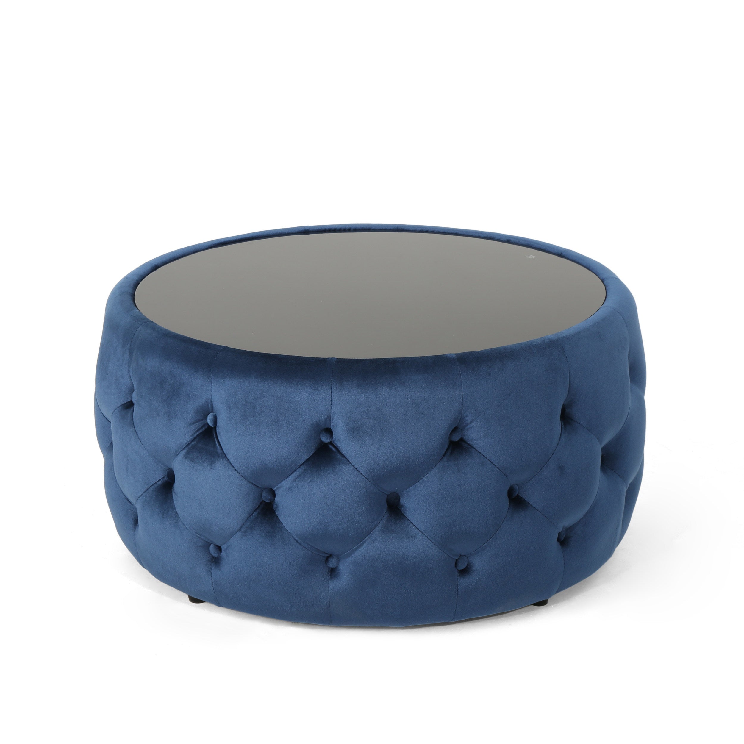 Velvet Ottoman with Cushioned Top, Sturdy Frame, and Space-Saving Design, 30" L x 30" W x 14.5" H, Dark Blue