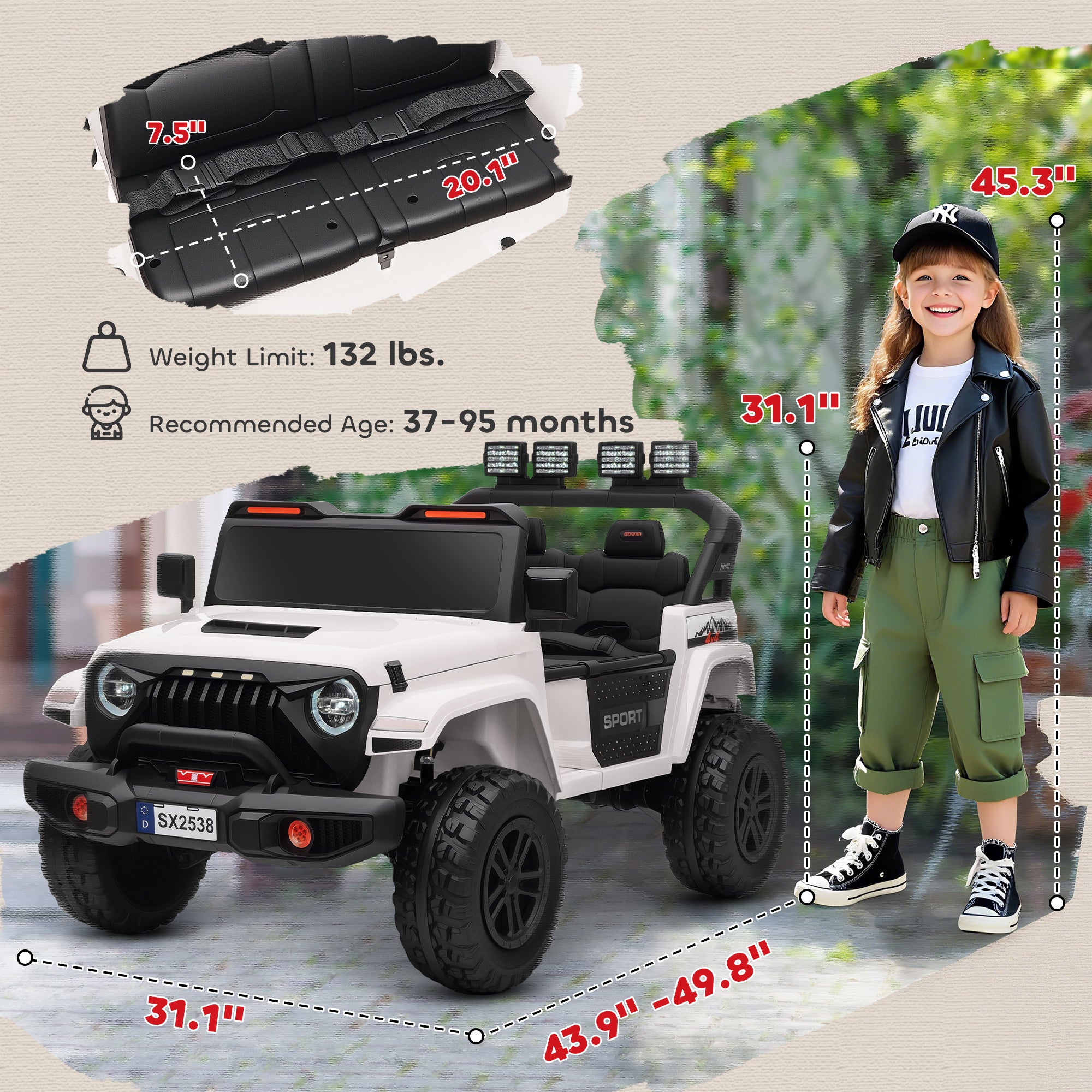 Ride on Truck Car with 2-Seater, 24V Electric Car with 4 Motors, Remote Control, Spring Suspension for 3-8 Years, White