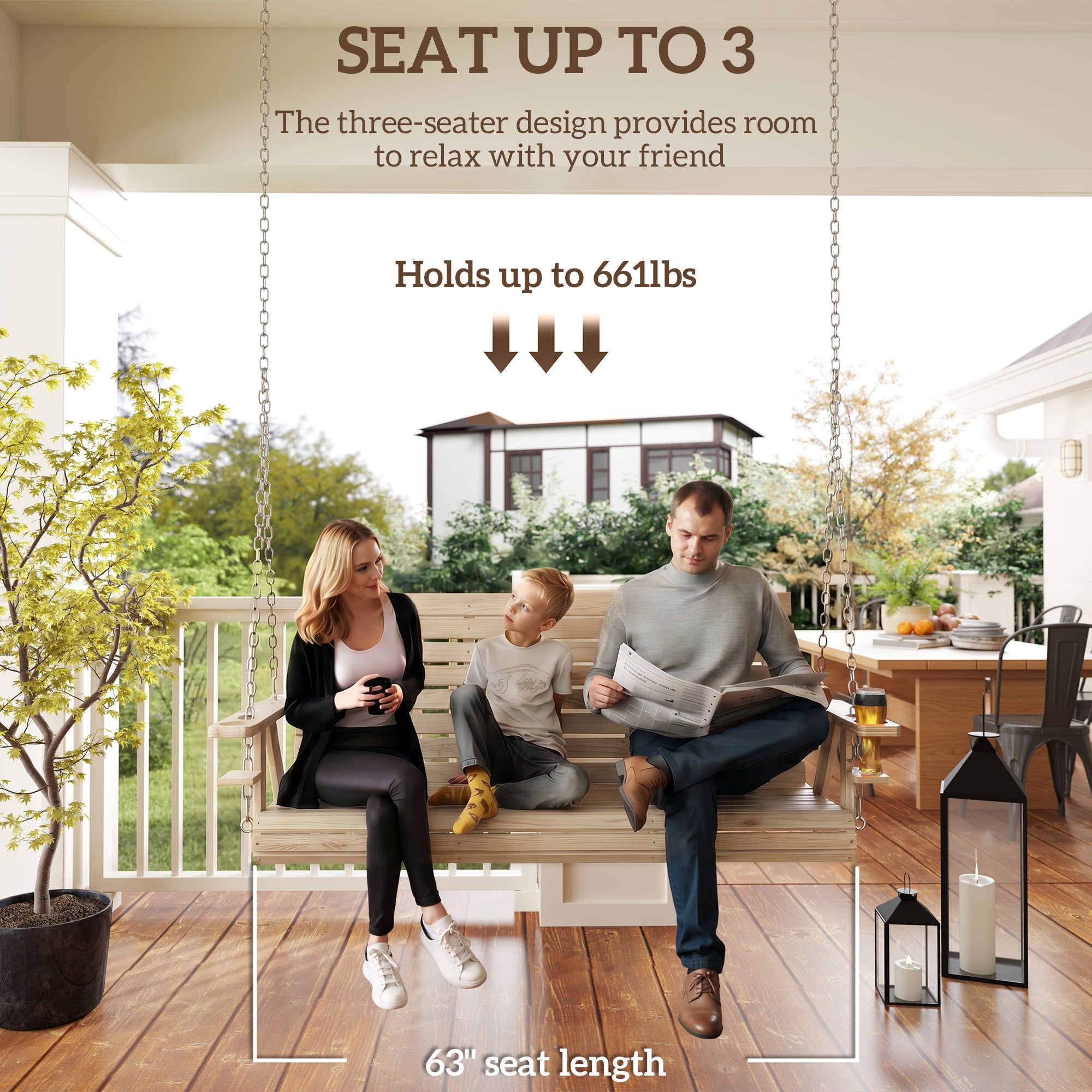 3-Seater Swing Bench, Wooden Porch Swing with Cupholders, Hanging Chains for Patio Garden, Nature Wood