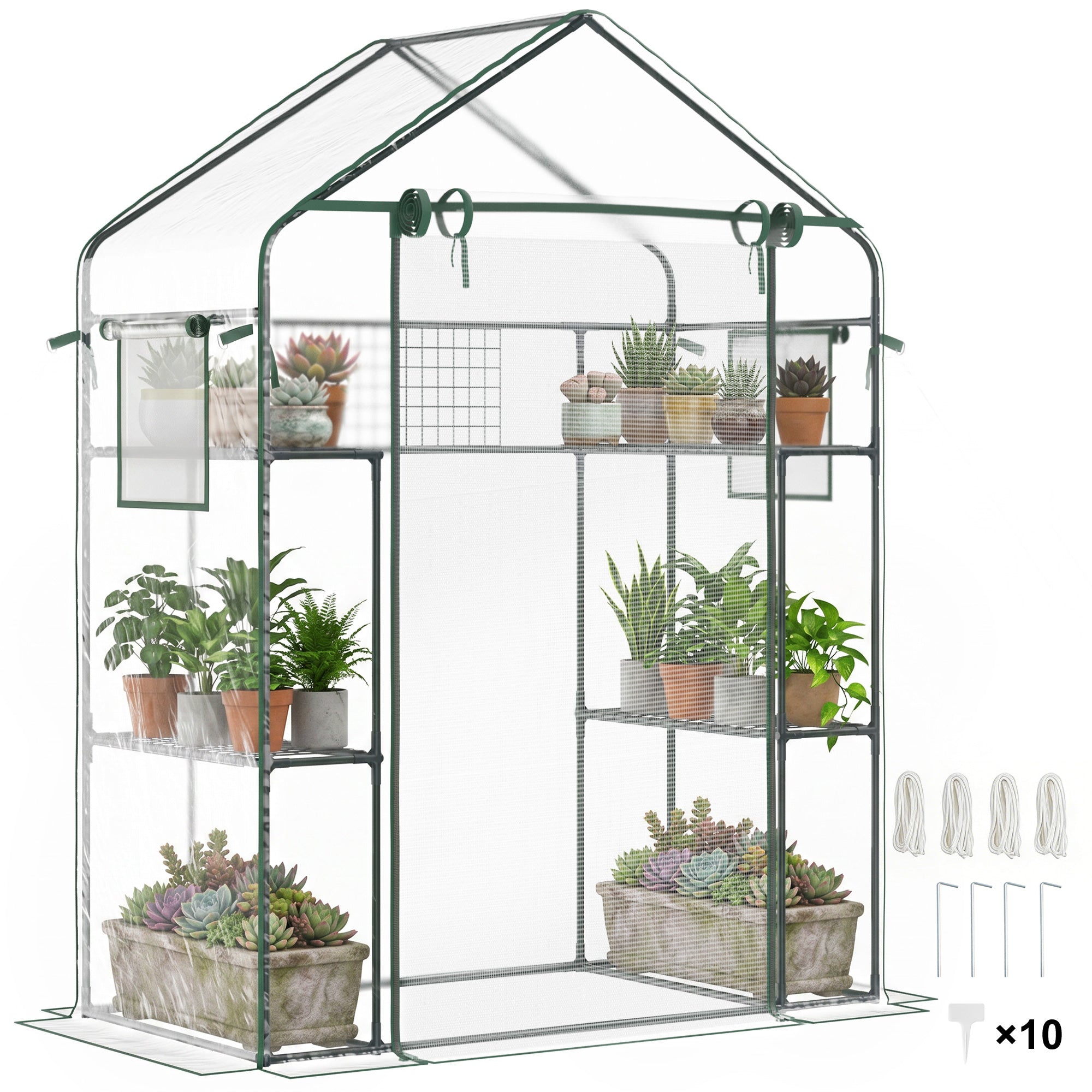 Outdoor Walk-in Mini Greenhouse with Mesh Door & Windows, Small Portable Garden Green House with 3 Tiers 6 Shelves, Trellis, & Plant Labels