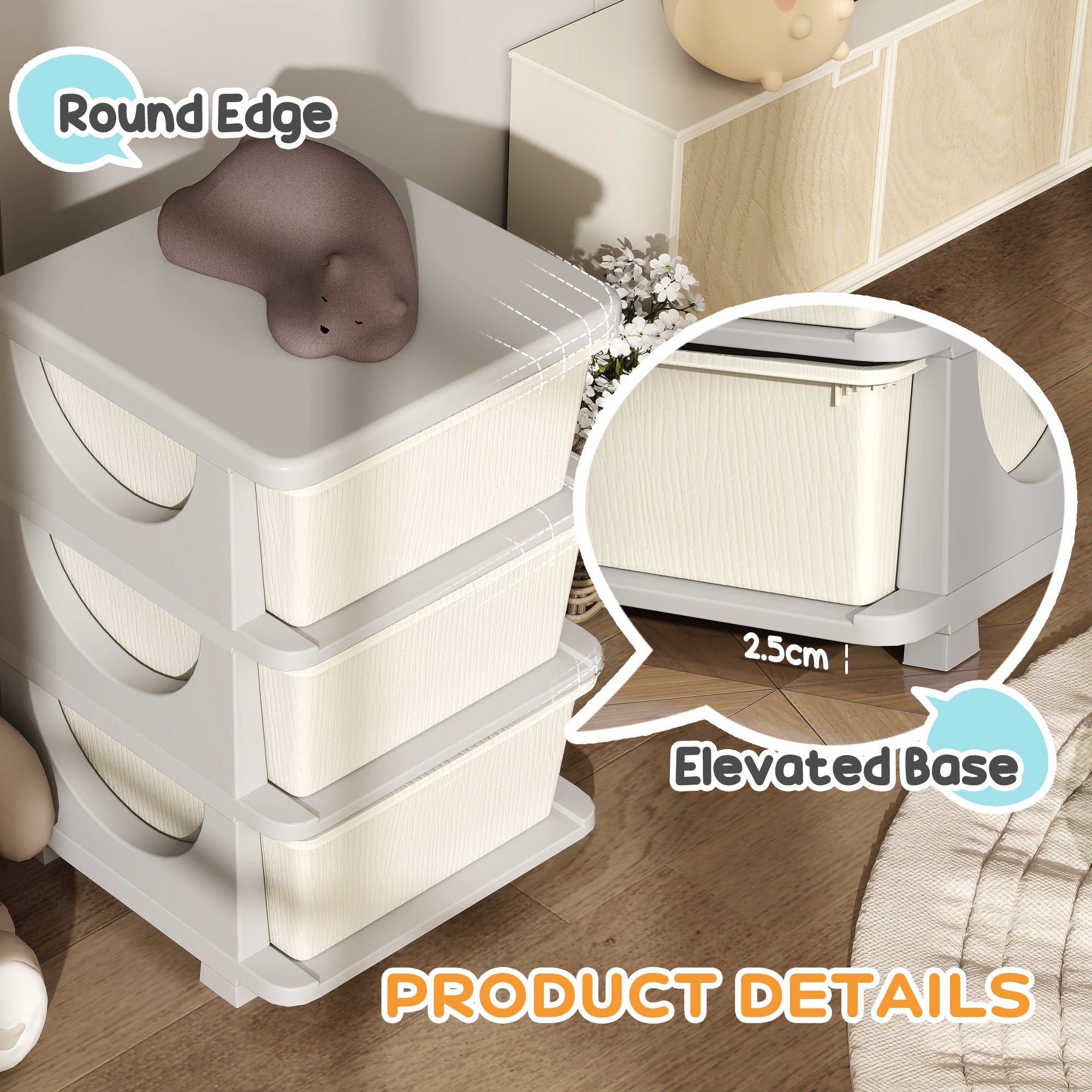 3 Drawers Kids Storage Unit, 3 Tier Stackable Toy Organizers and Storage Chest for Bedroom, Nursery, Playroom, Living Room, Boys, Girls, Toddlers, Cream White