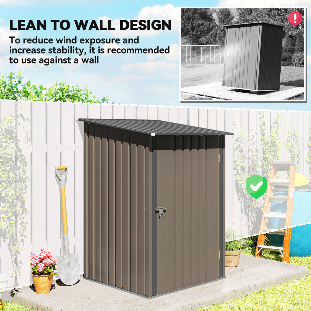 Outdoor 3.3' x 3.4' Lean-to Garden Storage Shed, Galvanized Steel Tool House with Lockable Door for Patio, Brown