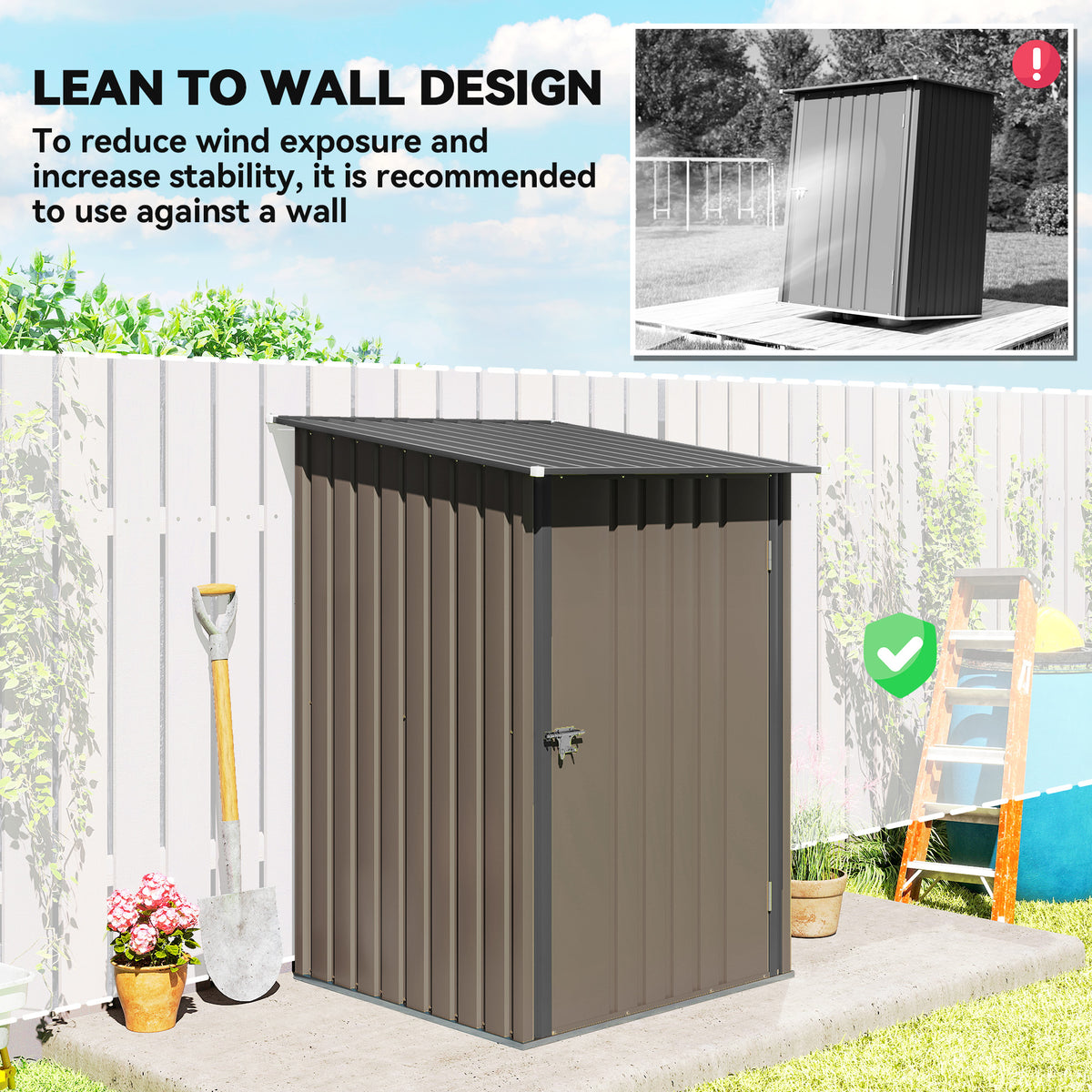 Outdoor 3.3' x 3.4' Lean-to Garden Storage Shed, Galvanized Steel Tool House with Lockable Door for Patio, Brown