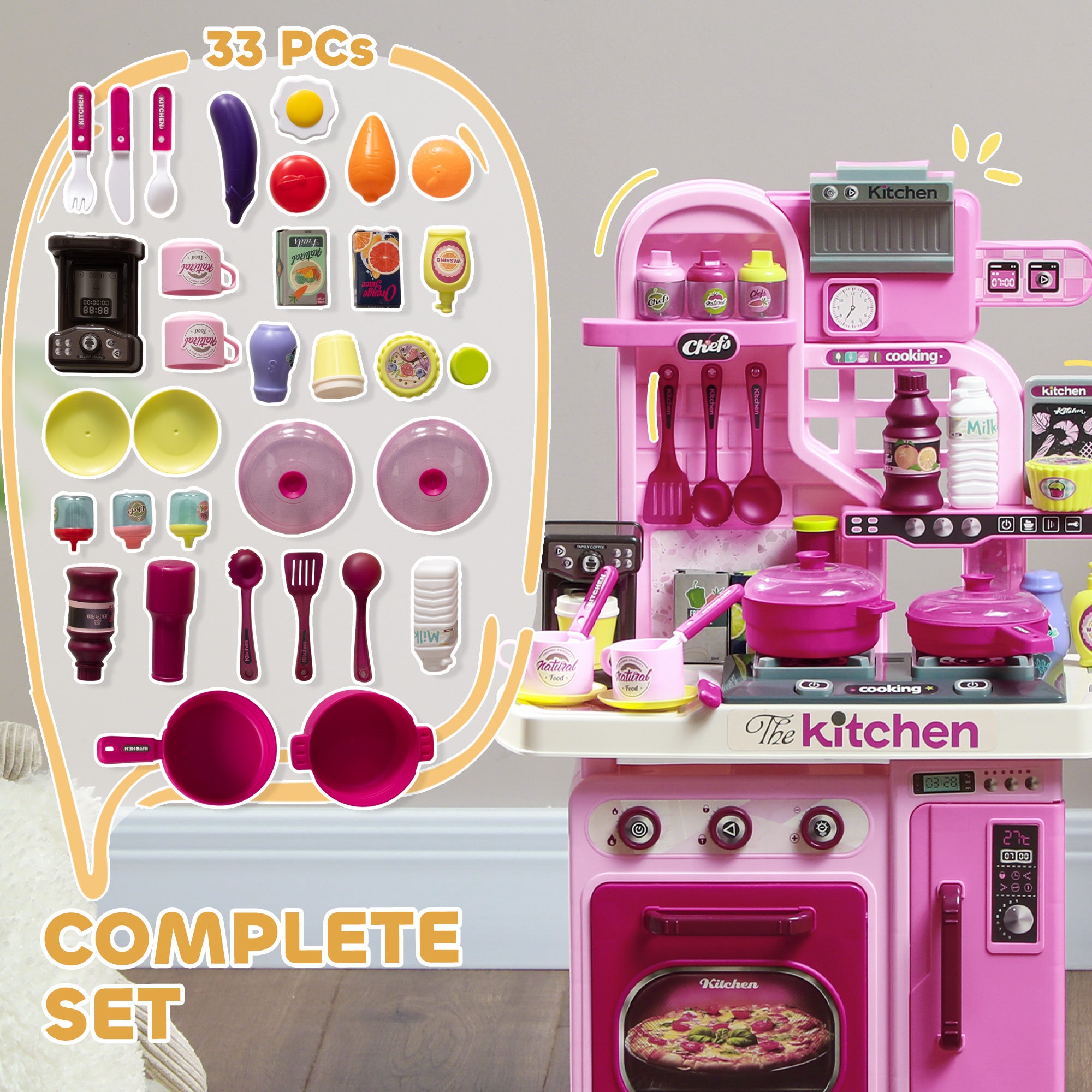 Kids Play Kitchen with Lights, Sounds, 33 Accessories & Storage for Toddler 3-6 Years