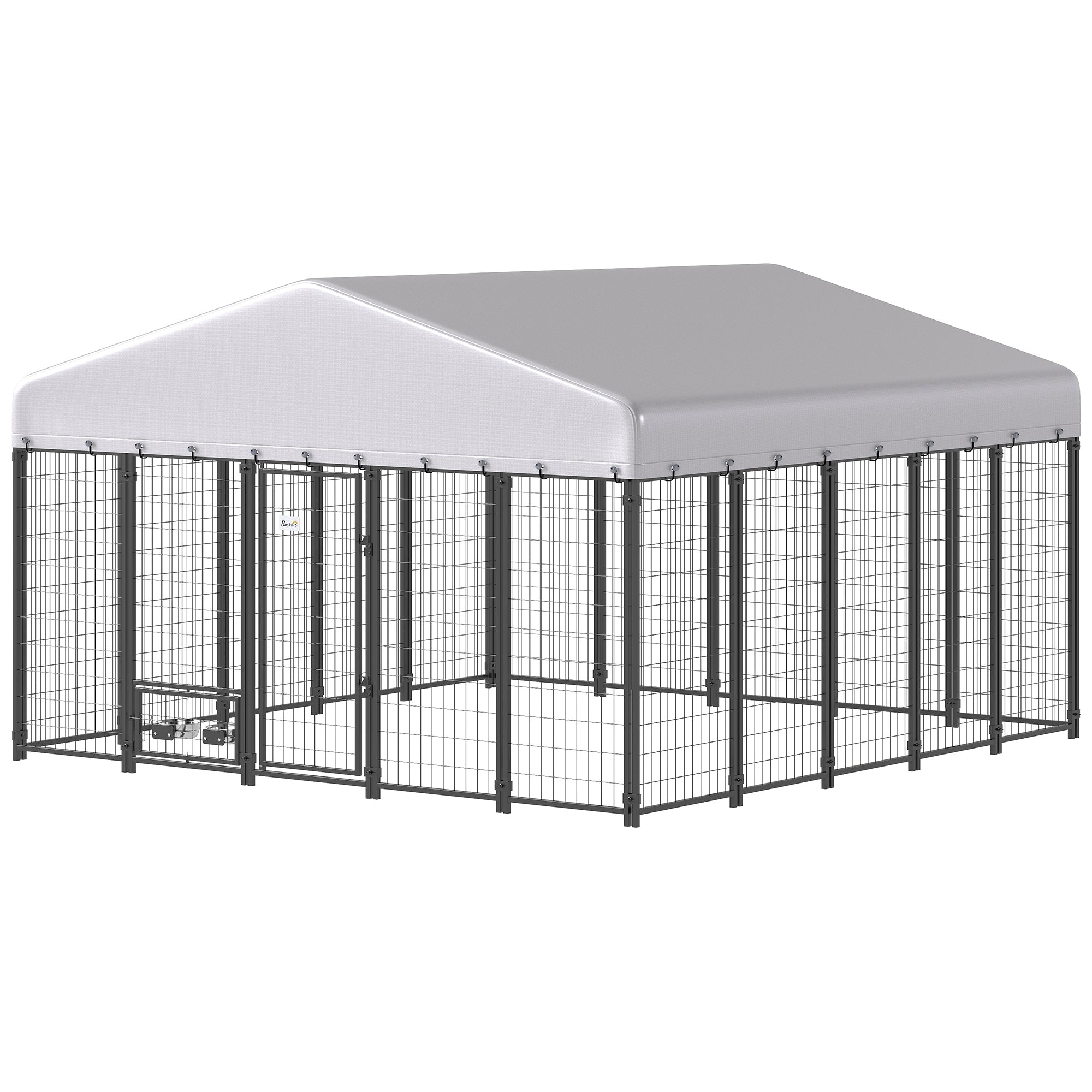 9.8' x 9.8' x 6' Outdoor Dog Kennel, Dog Kennel Outside Run with 360° Rotating Bowls, Waterproof & UV Resistant Cover