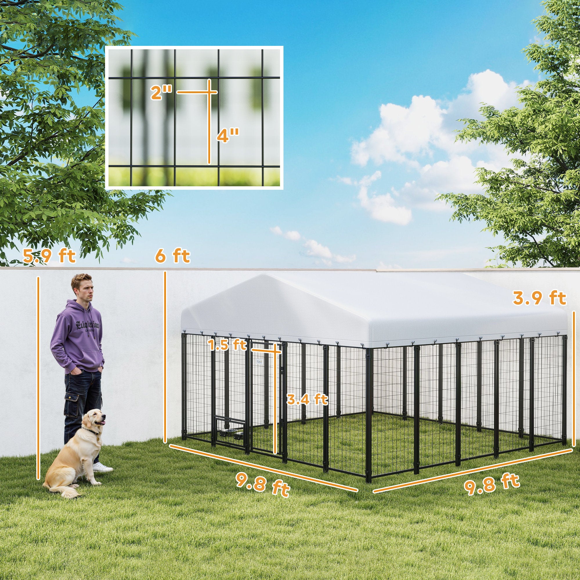 9.8' x 9.8' x 6' Outdoor Dog Kennel, Dog Kennel Outside Run with 360° Rotating Bowls, Waterproof & UV Resistant Cover