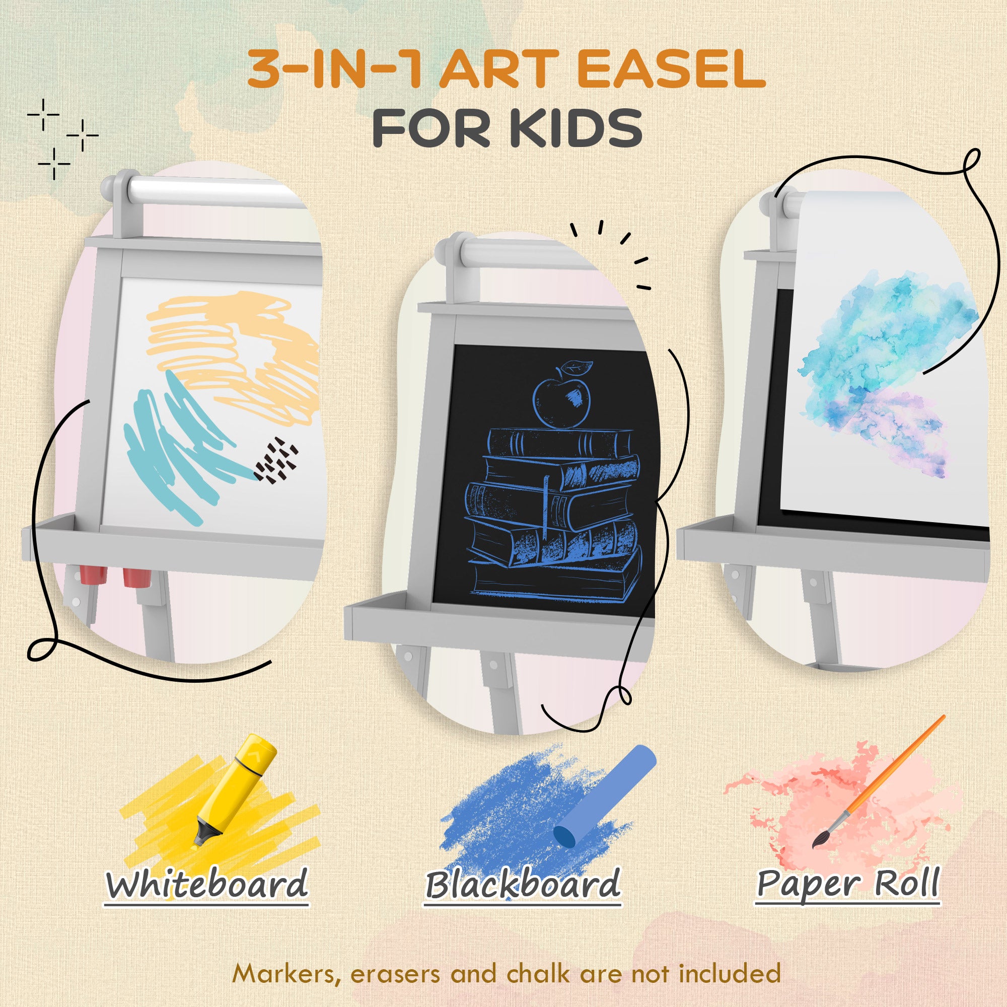 Double Sided Easel for Kids, Standing Toddler Easel with Paper Roll, Magnetic Whiteboard, Chalkboard & Storage, Gray