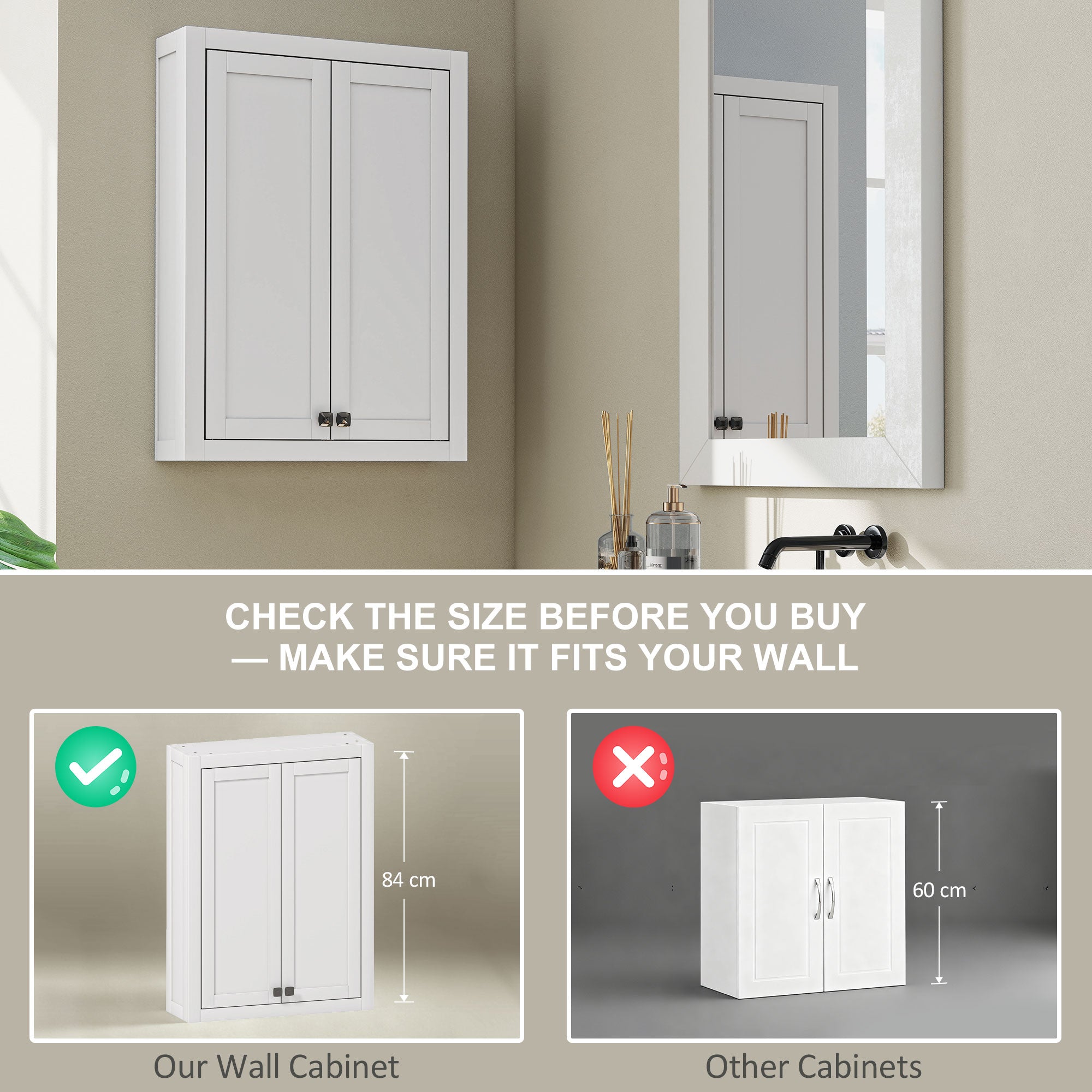 Bathroom Cabinet Wall Mounted, Modern Bathroom Wall Cabinet with 2 Doors and 2 Adjustable Shelves, White