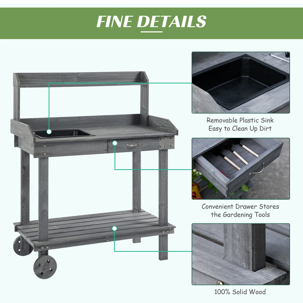 36'' Wooden Potting Bench Work Table with 2 Removable Wheels, Sink, Drawer & Large Storage Spaces, Gray