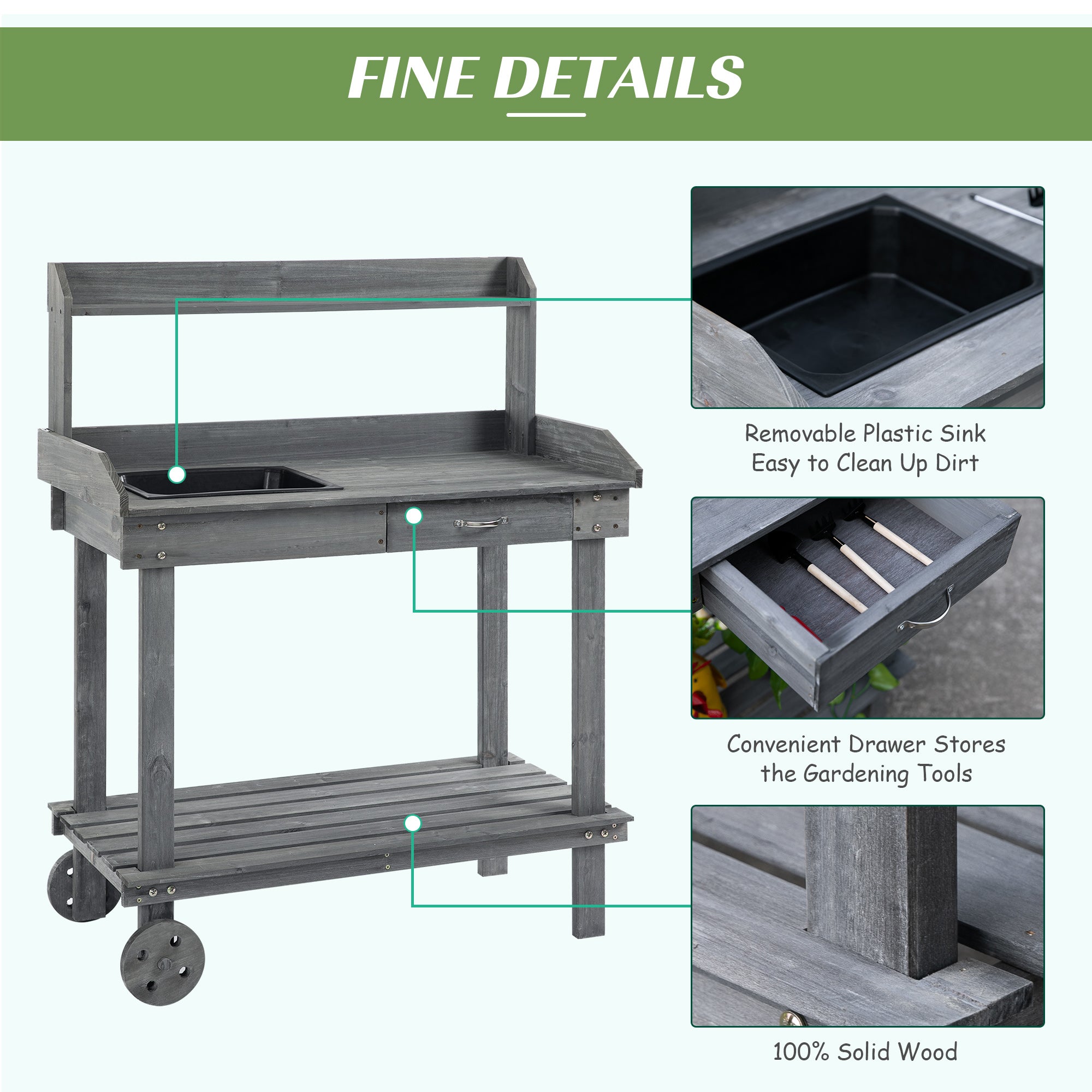 36'' Wooden Potting Bench Work Table with 2 Removable Wheels, Sink, Drawer & Large Storage Spaces, Gray