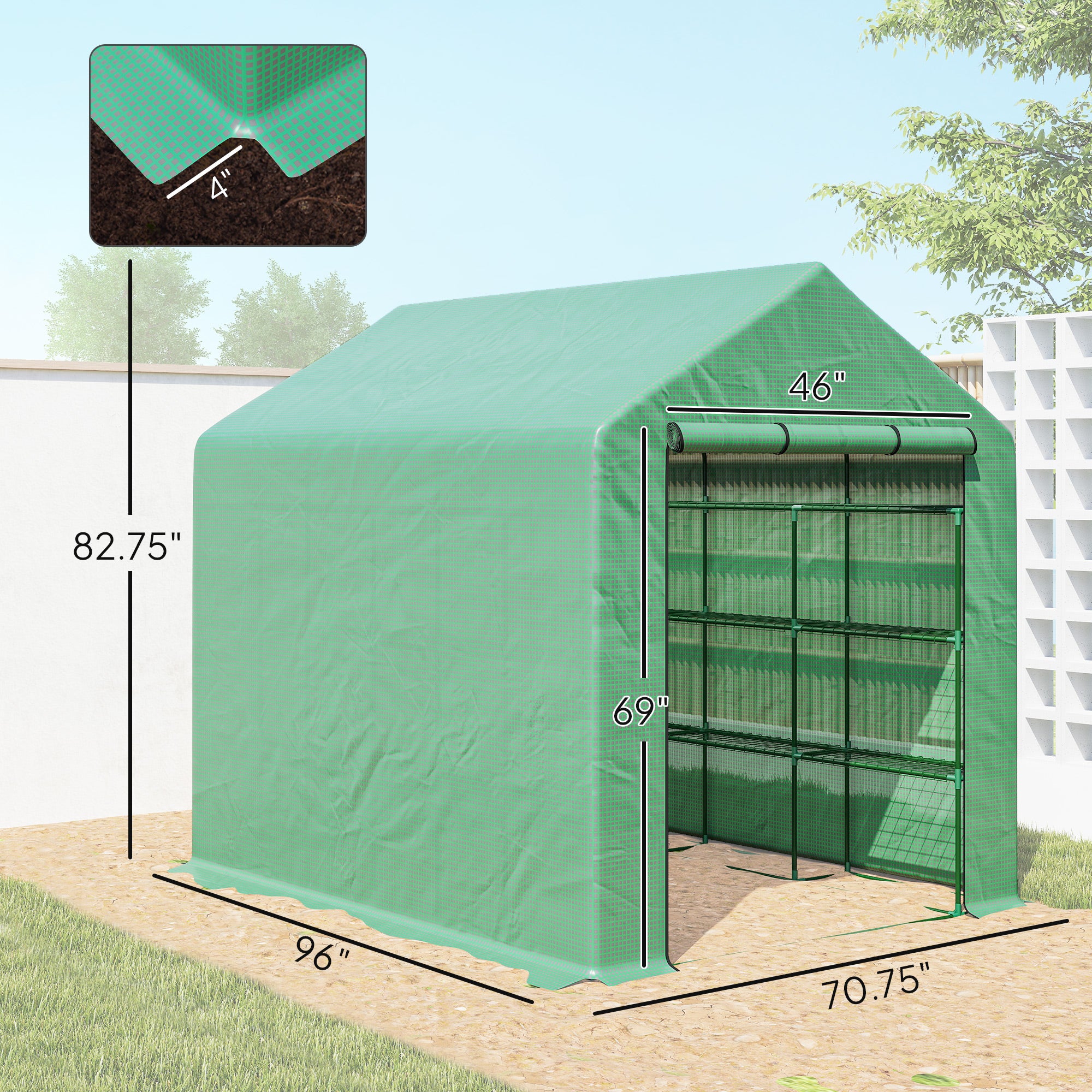 Outdoor Walk-in Greenhouse with Roll-up Zipper Door, 18 Shelves, PE Cover, 95.25" x 70.75" x 82.75", Green