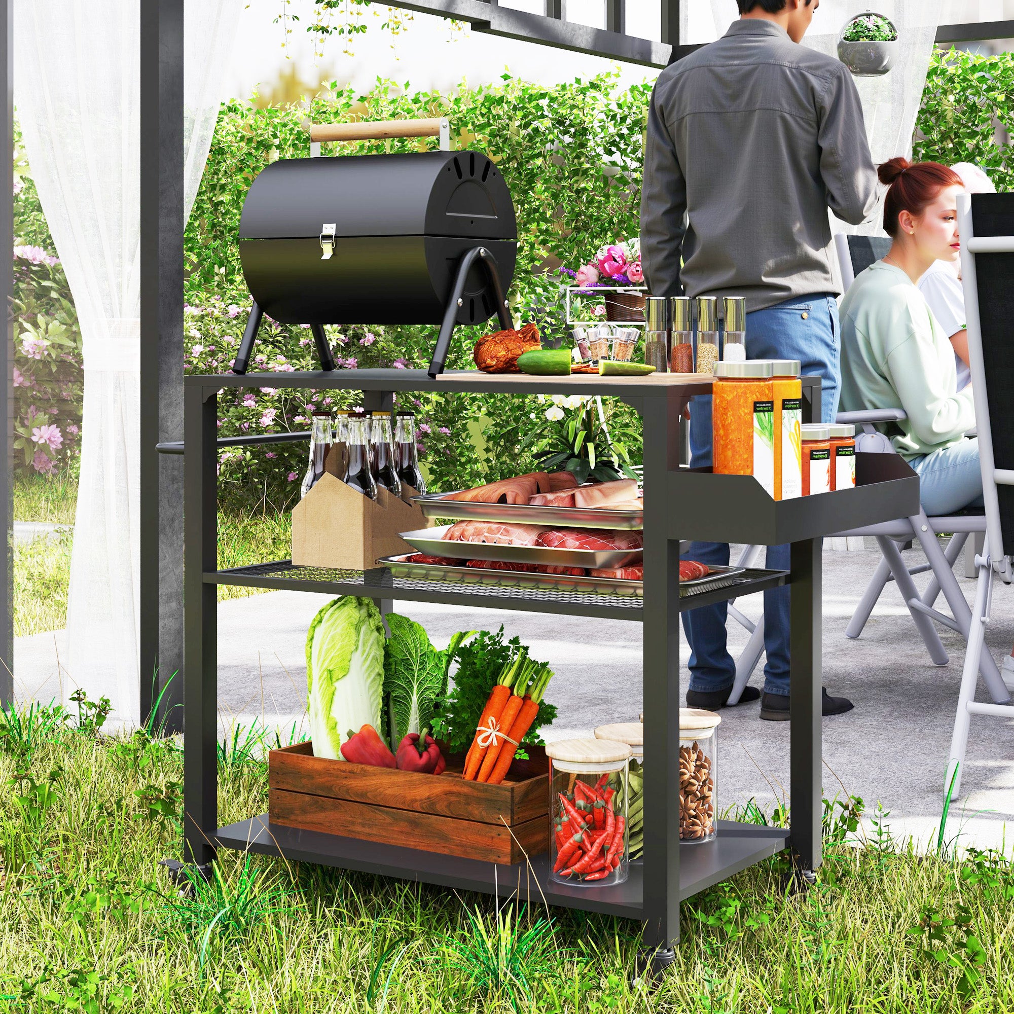 3-Tier Outdoor Grill Cart with Storage Racks, Side Handle, Movable Pizza Oven Table on Wheels