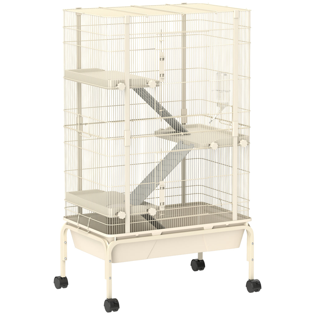 47" Small Animal Cage, 4 Levels Large Rolling Metal Ferret Cage w/ 5.9" Deep Tray, Ramps, Water Bottle, Food Dish, Beige