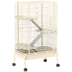 47" Small Animal Cage, 4 Levels Large Rolling Metal Ferret Cage w/ 5.9" Deep Tray, Ramps, Water Bottle, Food Dish, Beige
