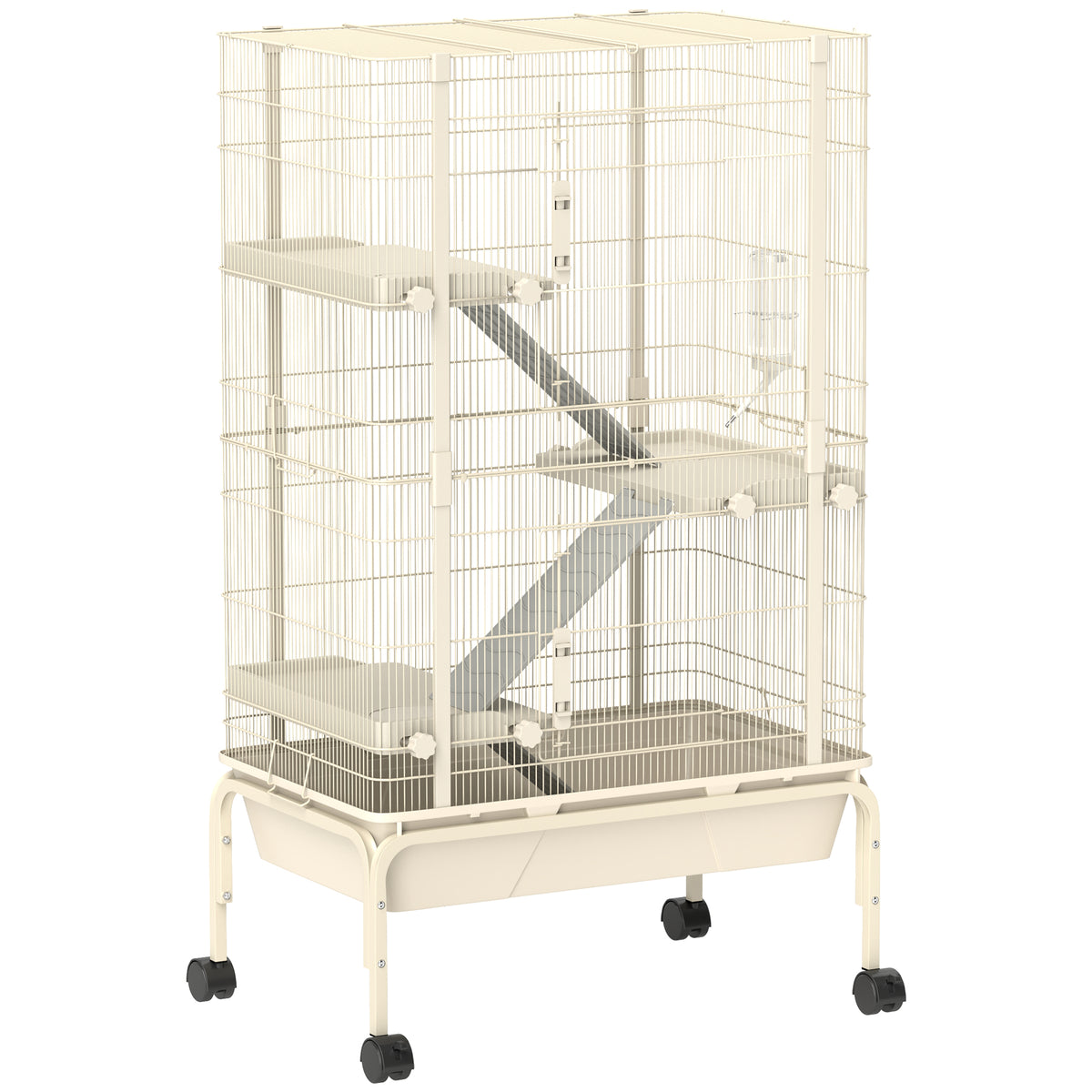 47" Small Animal Cage, 4 Levels Large Rolling Metal Ferret Cage w/ 5.9" Deep Tray, Ramps, Water Bottle, Food Dish, Beige