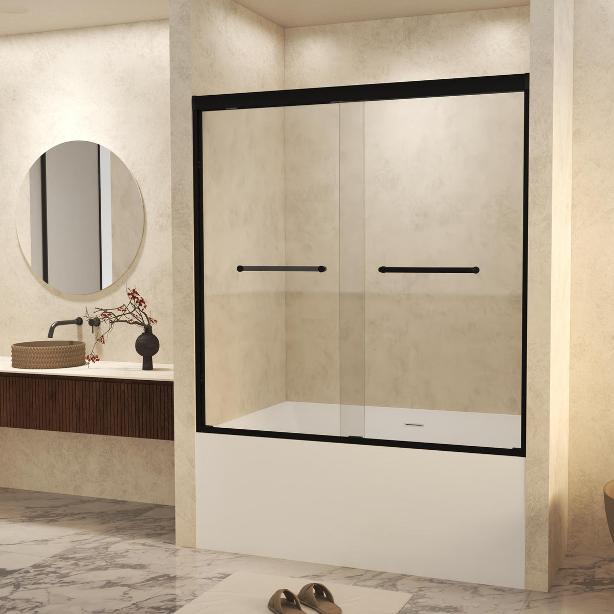 Double Sliding Shower Door with Explosion-Proof Safety Film and Stainless Steel Long Handle, Panel for Bathroom, 60" L x 0.5" W x 60" H, Matt Black