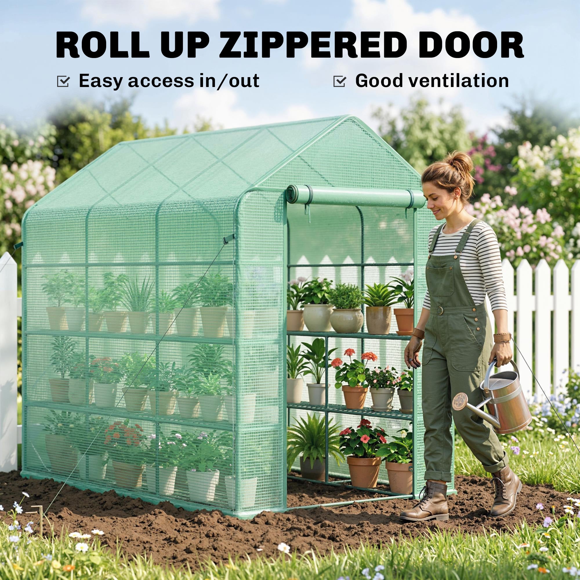 7' x 5' x 6' Walk-in Greenhouse for Outdoors with Mesh Door, 18 Shelf Hot House with Trellis, Plant Labels, UV Protective, Steel Frame for Growing Flowers, Herbs, Vegetables, Saplings, Green