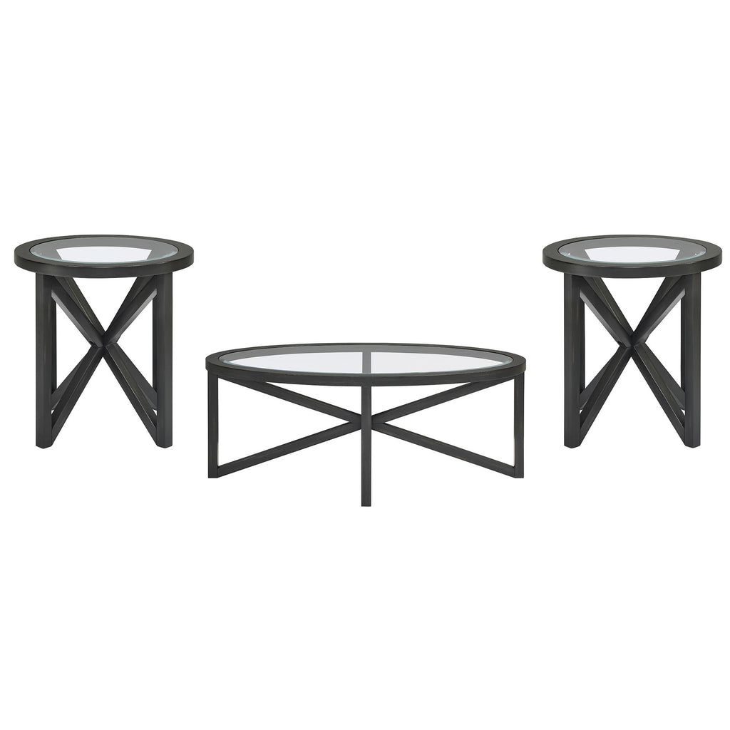 Modern Glass Coffee Table with Solid Wood Tripod Base, Anti-Scratch Curved Edges, Oval Desk for Living Room, 46.5" L x 28.5" W x 18" H, Black