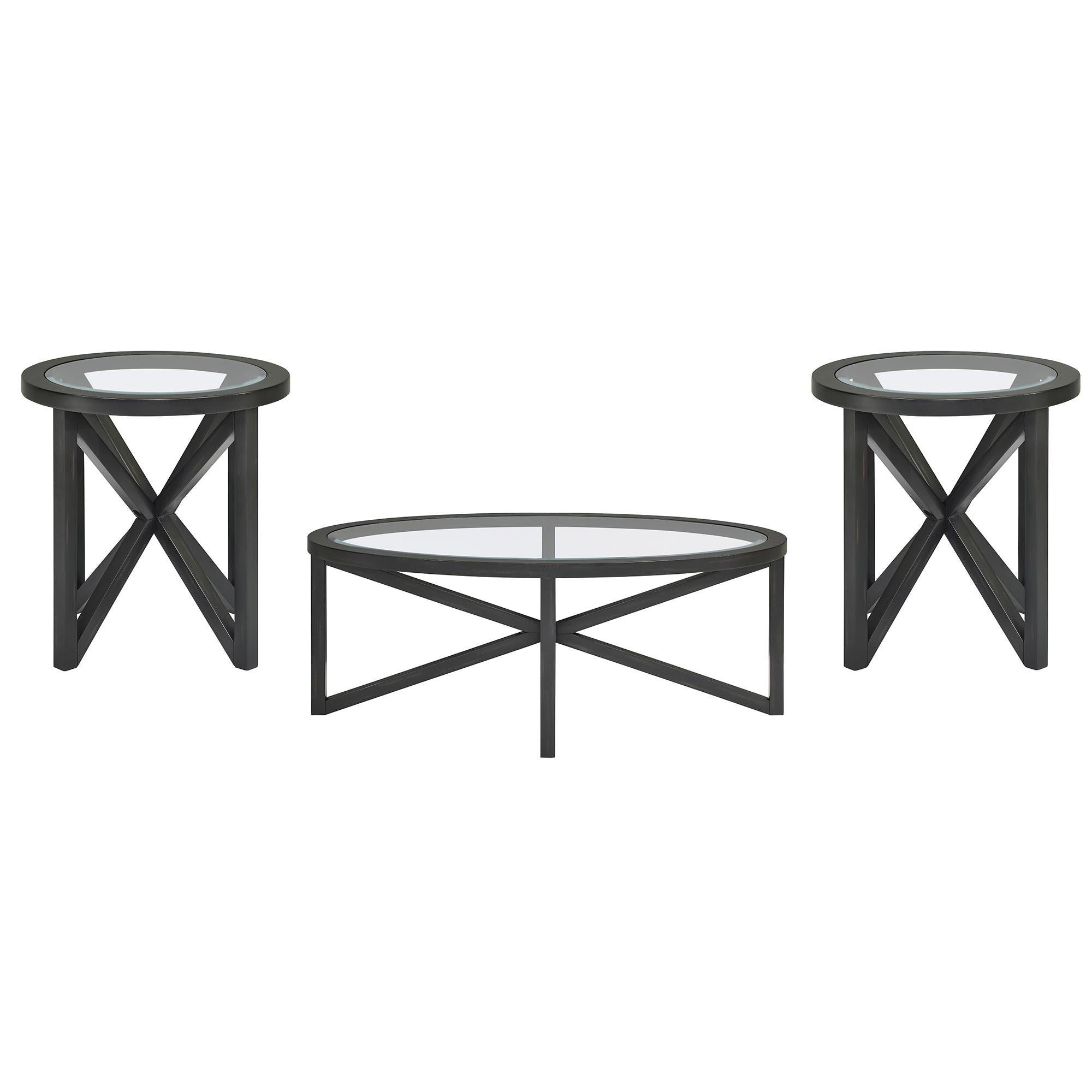 Modern Glass Coffee Table with Solid Wood Tripod Base, Anti-Scratch Curved Edges, Oval Desk for Living Room, 46.5" L x 28.5" W x 18" H, Black